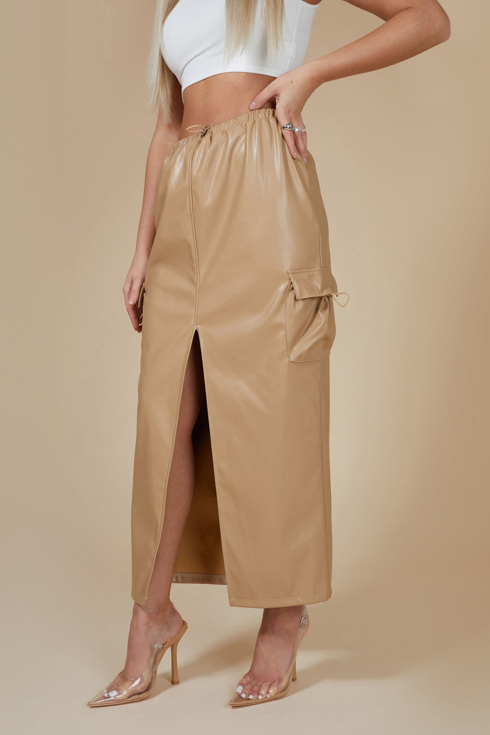 Faux Leather Pocket Detail Cargo Maxi Skirt Camel