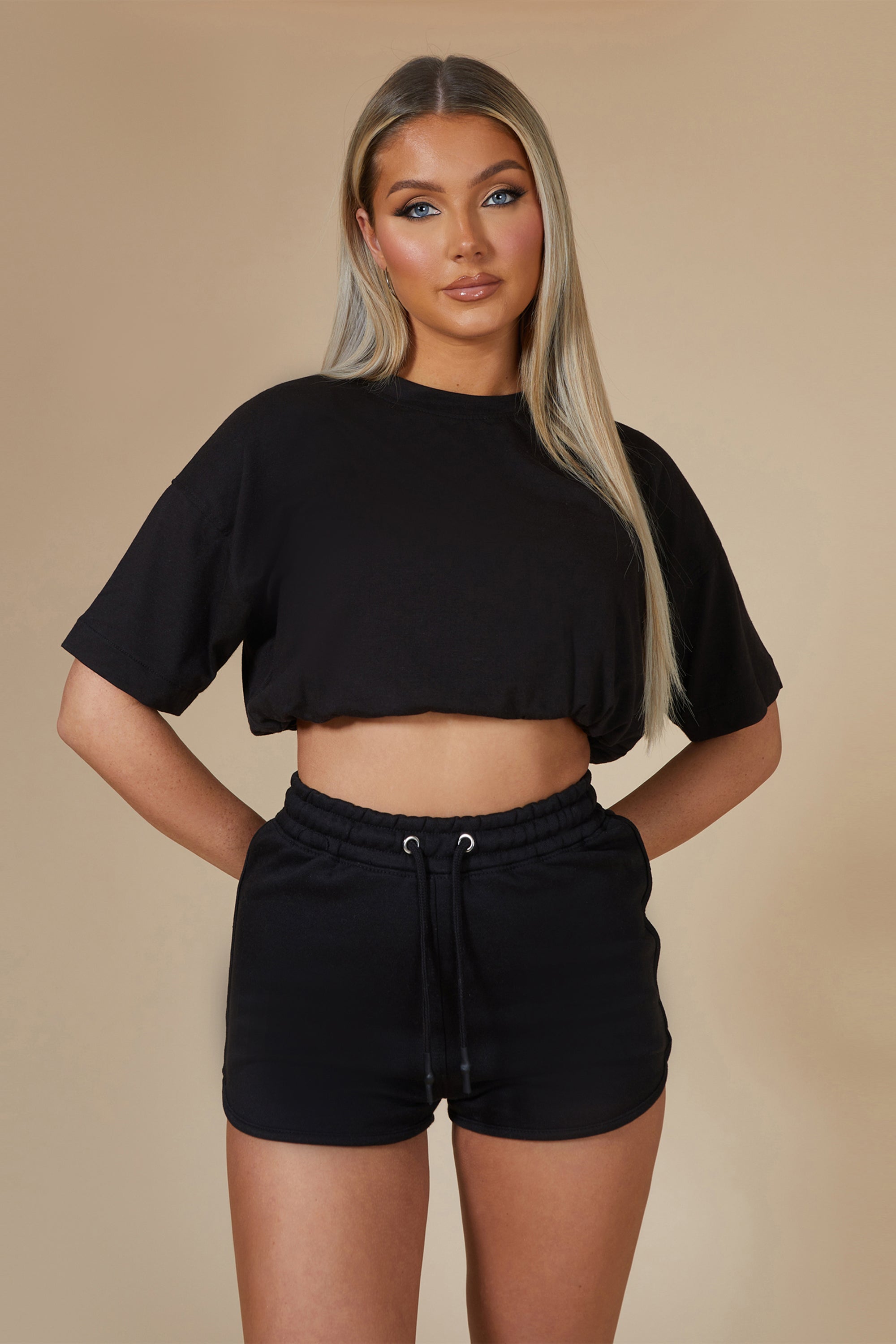 ELASTICATED WAIST CROPPED T-SHIRT BLACK