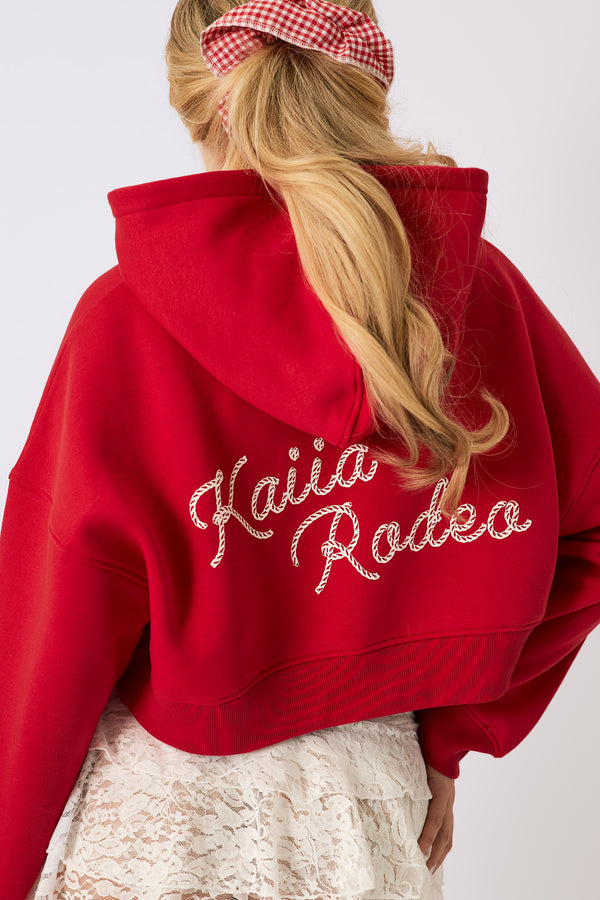 Kaiia Rodeo Logo Cropped Oversized Hoodie Red