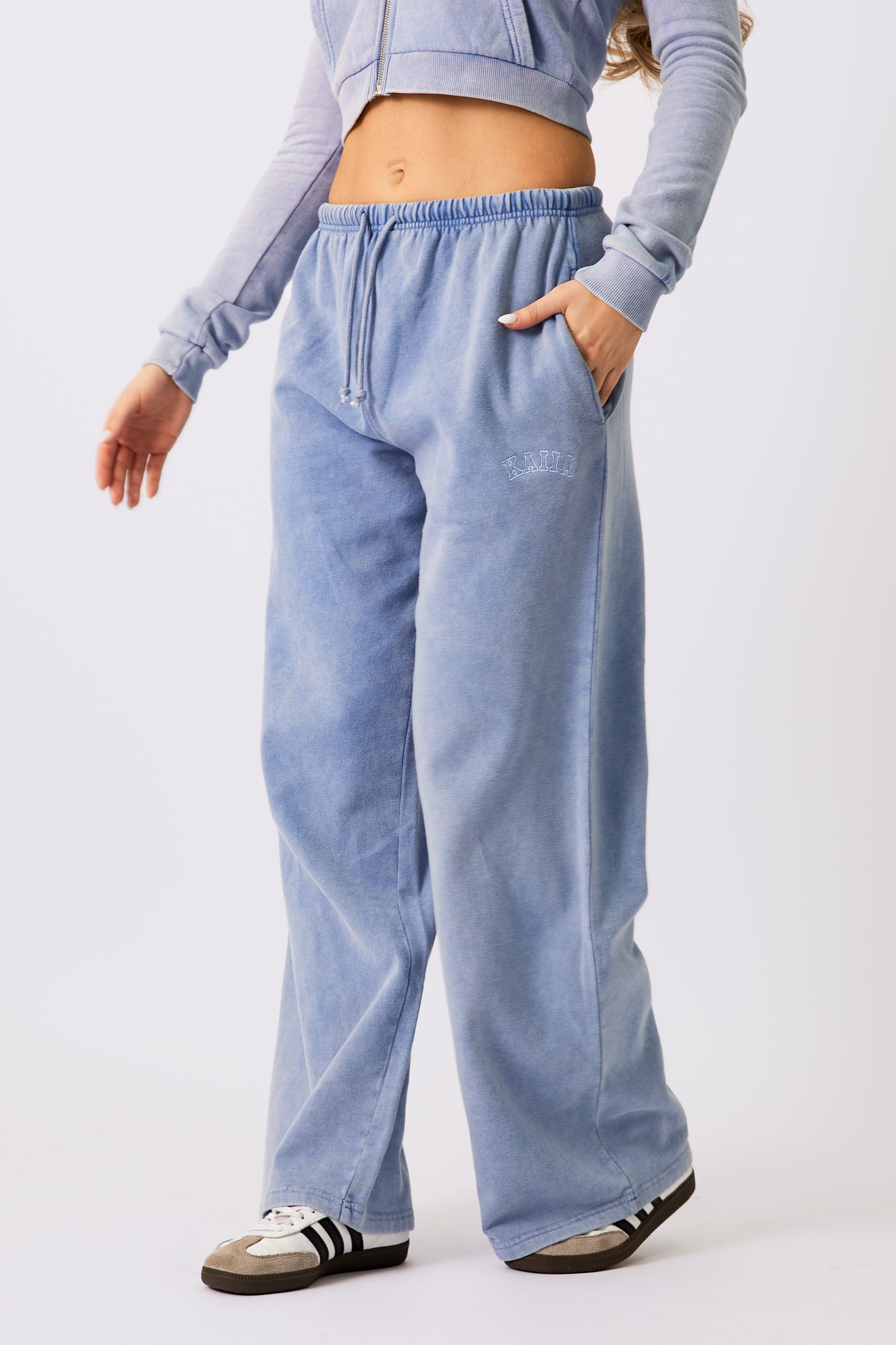 Kaiia Logo Wide Leg Joggers Washed Blue