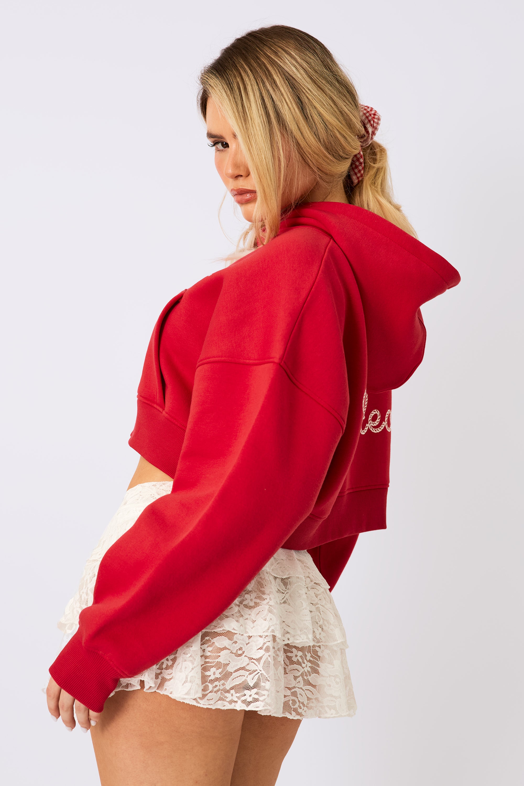 Kaiia Rodeo Logo Cropped Oversized Hoodie Red