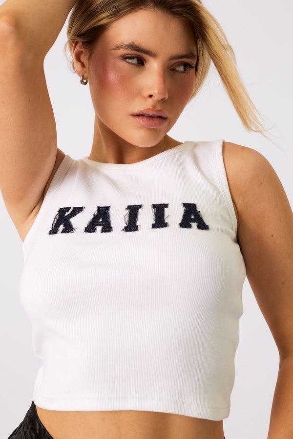 Kaiia Logo Denim Applique Ribbed Vest Top White