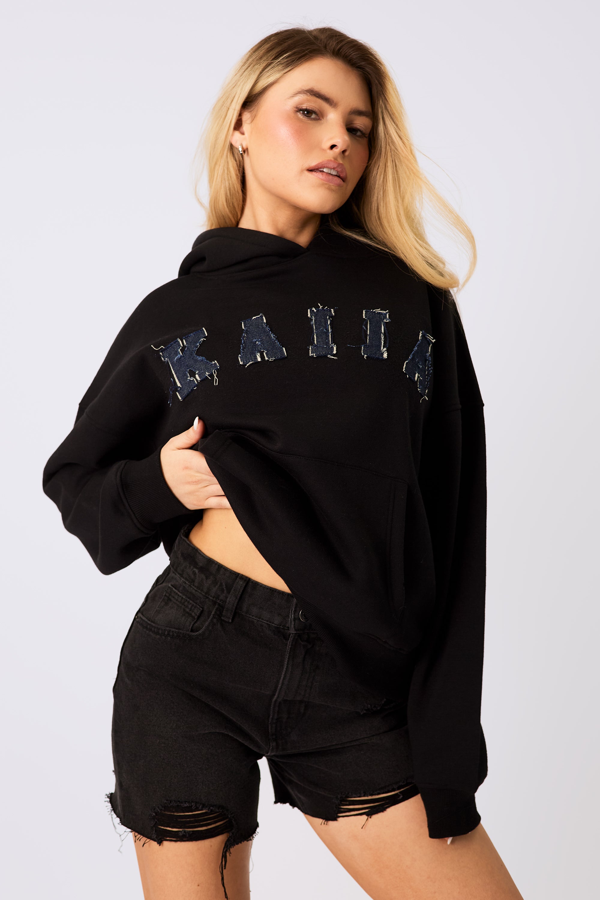 Kaiia Logo Denim Applique Oversized Hoodie Black