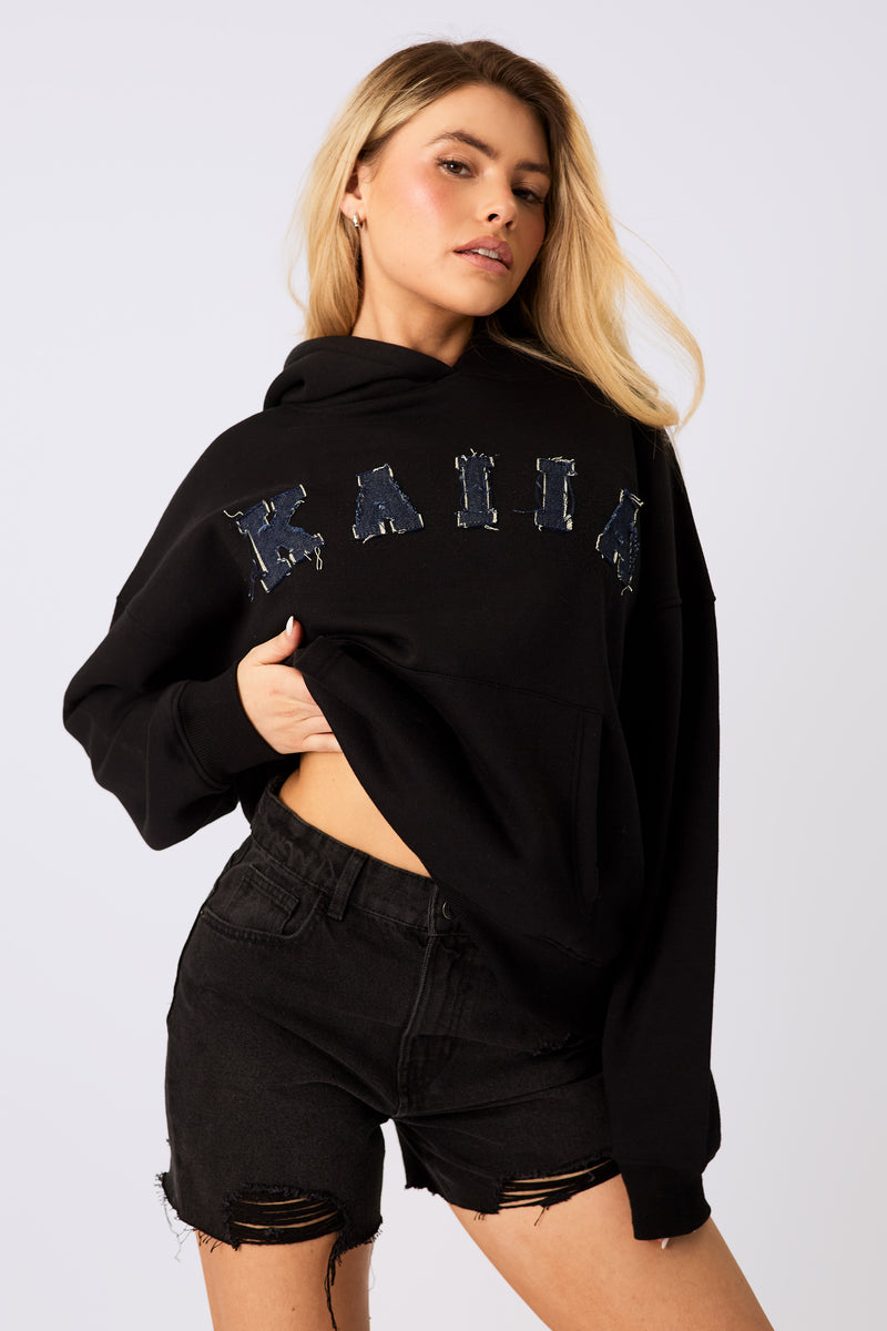 Kaiia Logo Denim Applique Oversized Hoodie Black