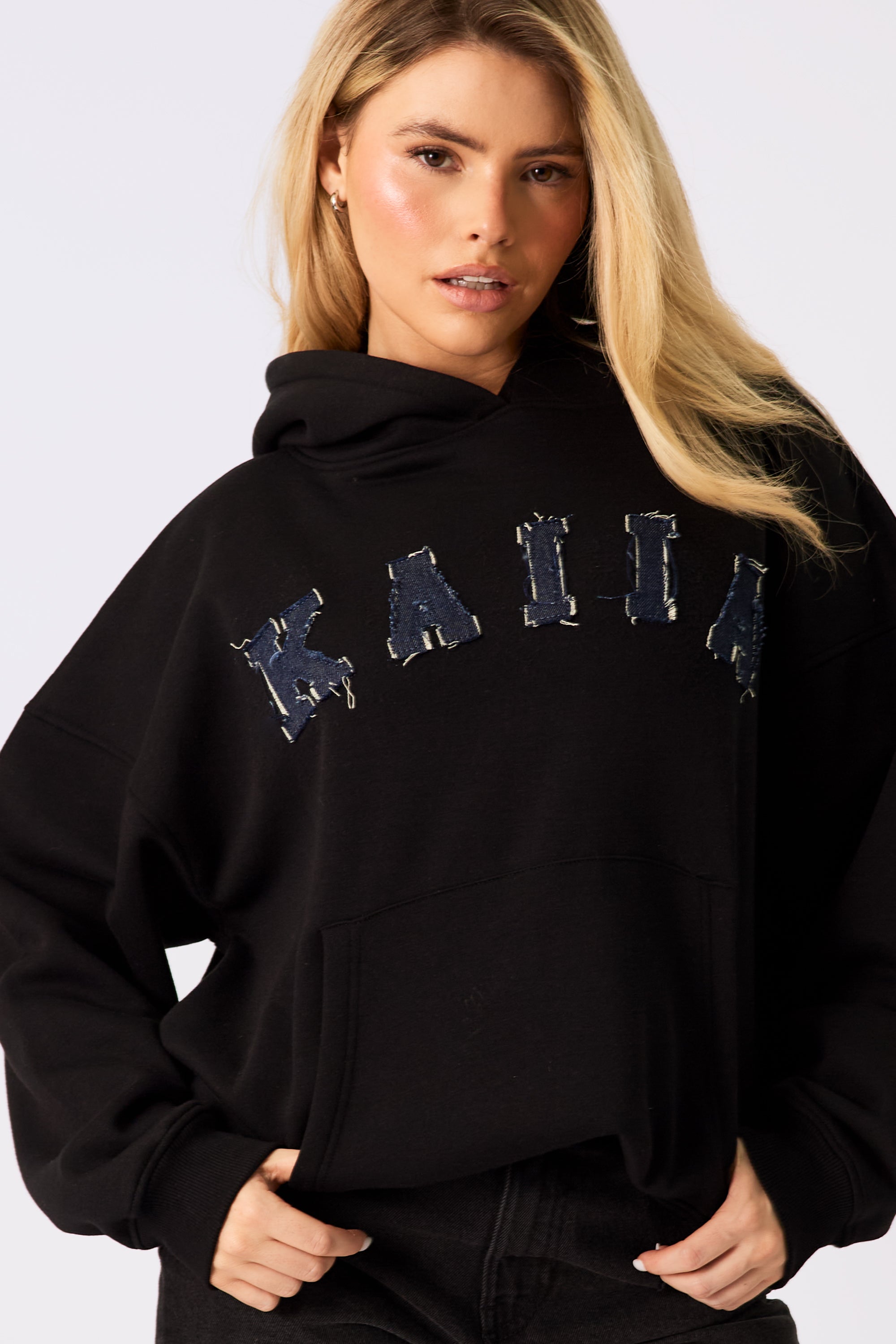 Kaiia Logo Denim Applique Oversized Hoodie Black