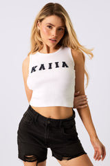 Kaiia Logo Denim Applique Ribbed Vest Top White