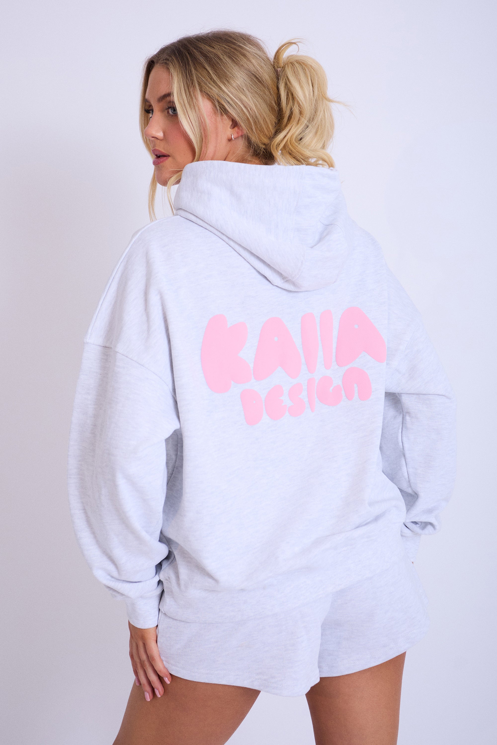 Kaiia Design Bubble Logo Oversized Hoodie Lt Grey Marl & Pink | Kaiia