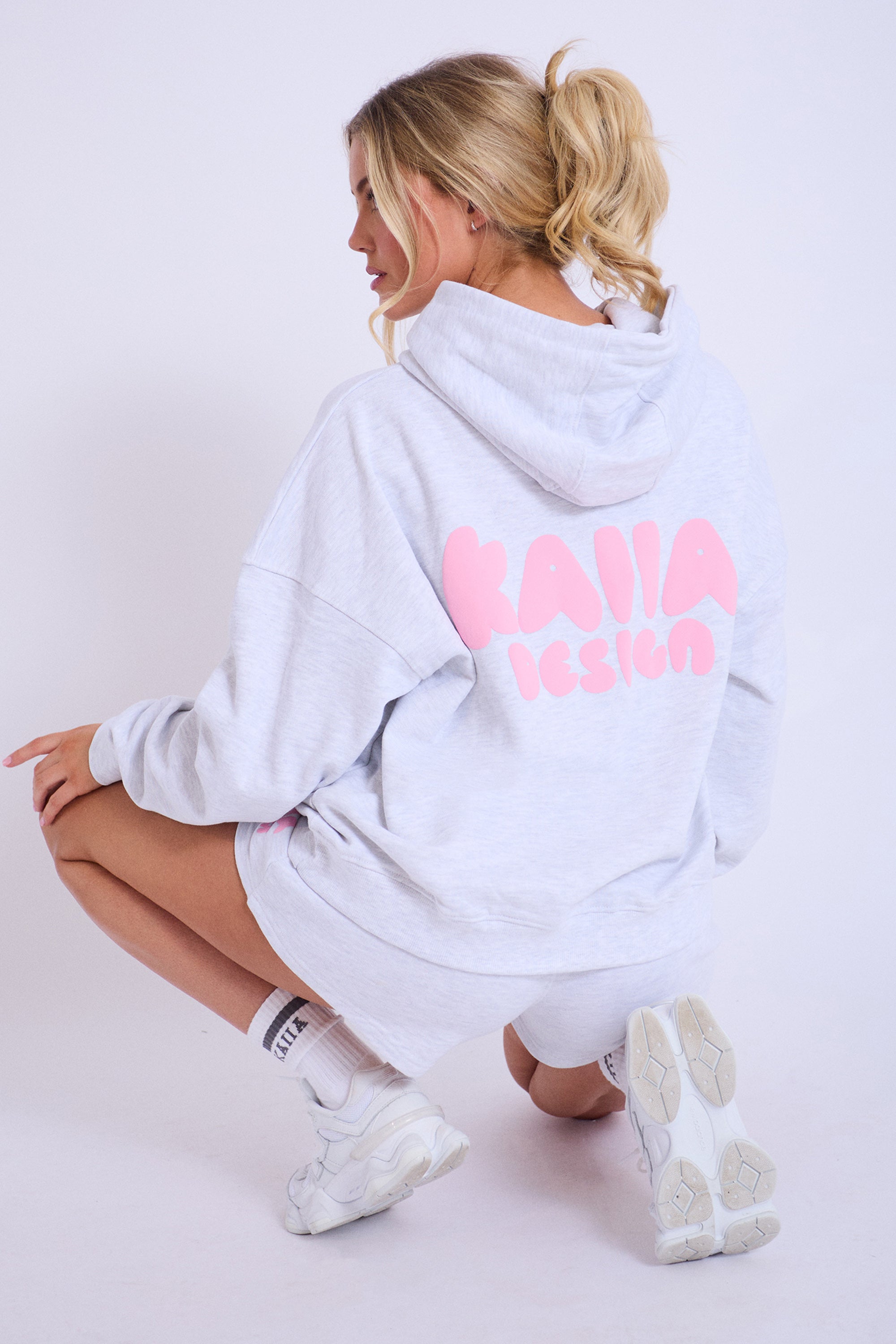 Kaiia Design Bubble Logo Oversized Hoodie Lt Grey Marl & Pink | Kaiia