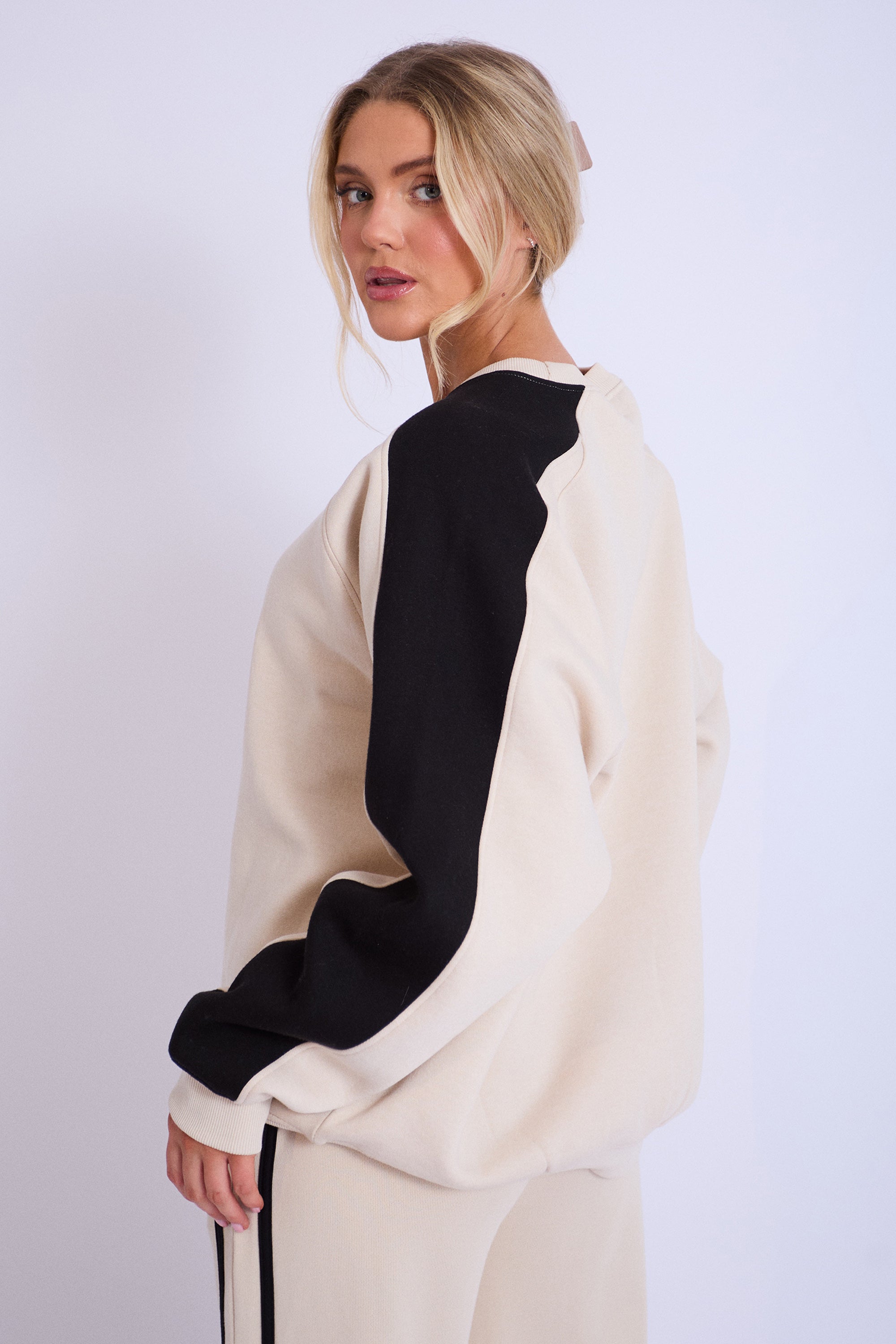 Kaiia Studio Contrast Panel Oversized Sweatshirt Stone & Black