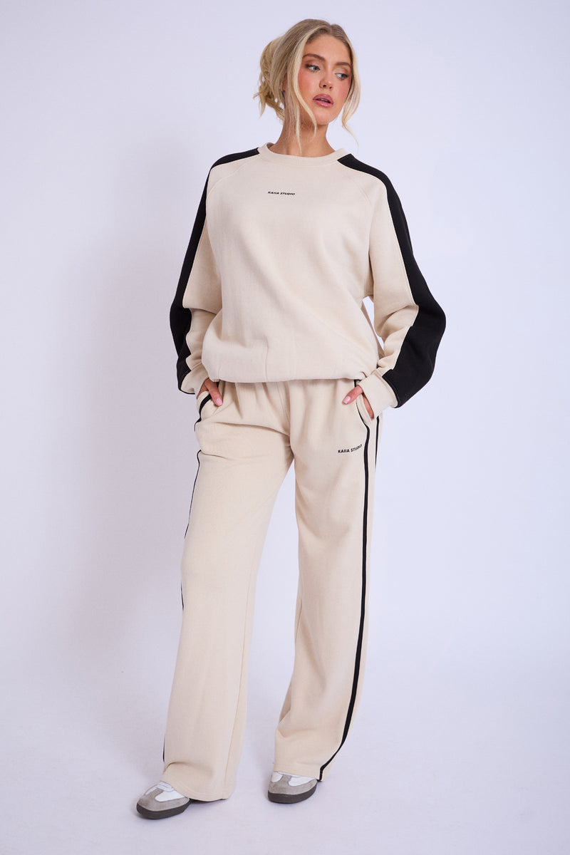 Kaiia Studio Contrast Panel Wide Leg Sweat Pants Stone & Black