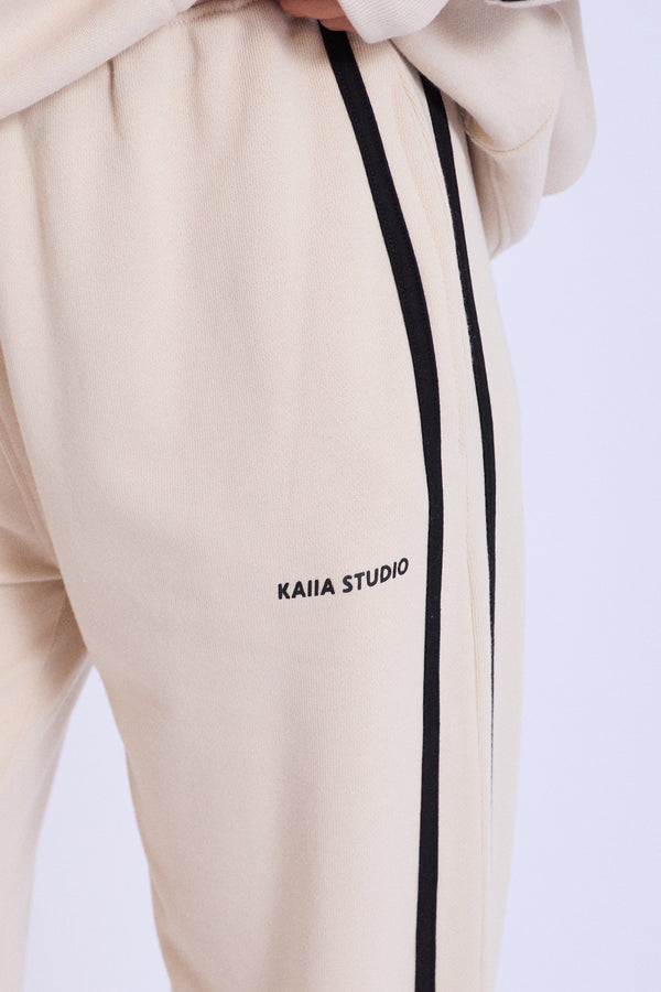 Kaiia Studio Contrast Panel Wide Leg Sweat Pants Stone & Black