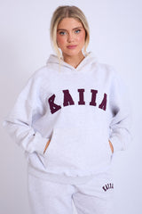 Kaiia Slogan Oversized Hoodie Light Grey Marl With Burgundy