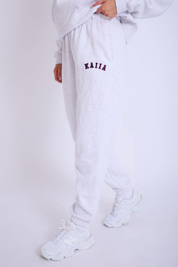 Kaiia Logo Cuffed Joggers Light Grey Marl With Burgundy