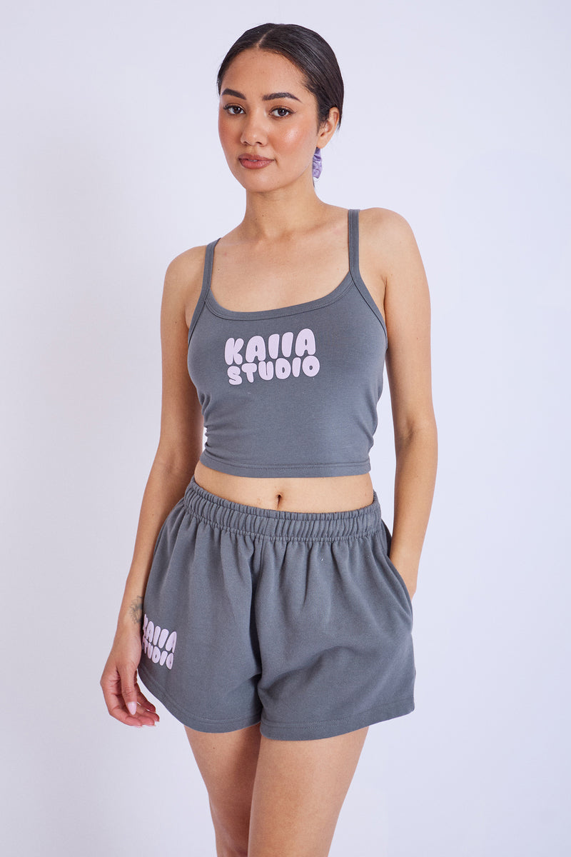 Kaiia Studio Bubble Logo Cami Vest Top Dark Grey & Lilac