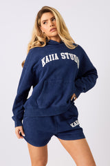 Kaiia Studio Applique Logo Oversized Hoodie Denim Blue