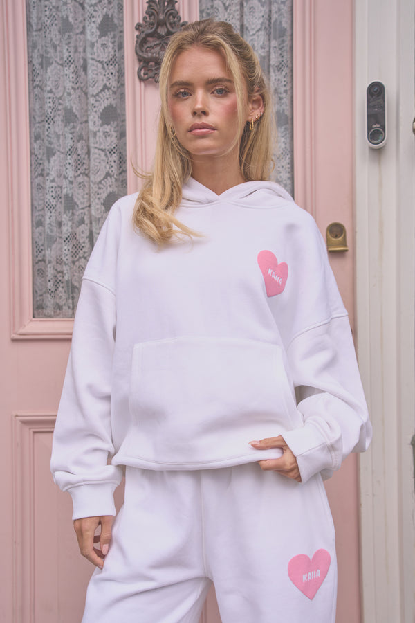 Kaiia Love Heart Graphic Oversized Hoodie White