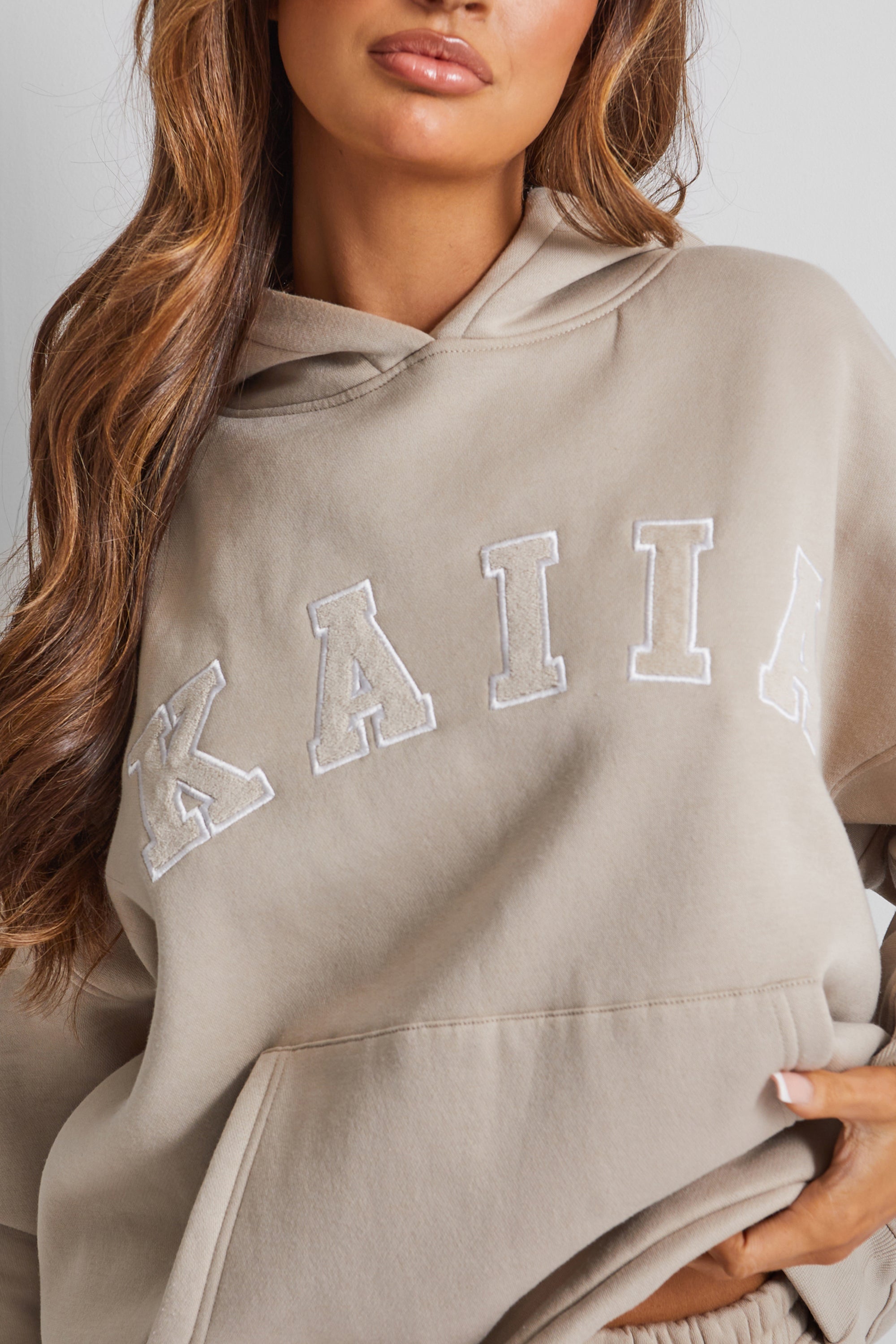 Kaiia Slogan Oversized Hoodie Stone