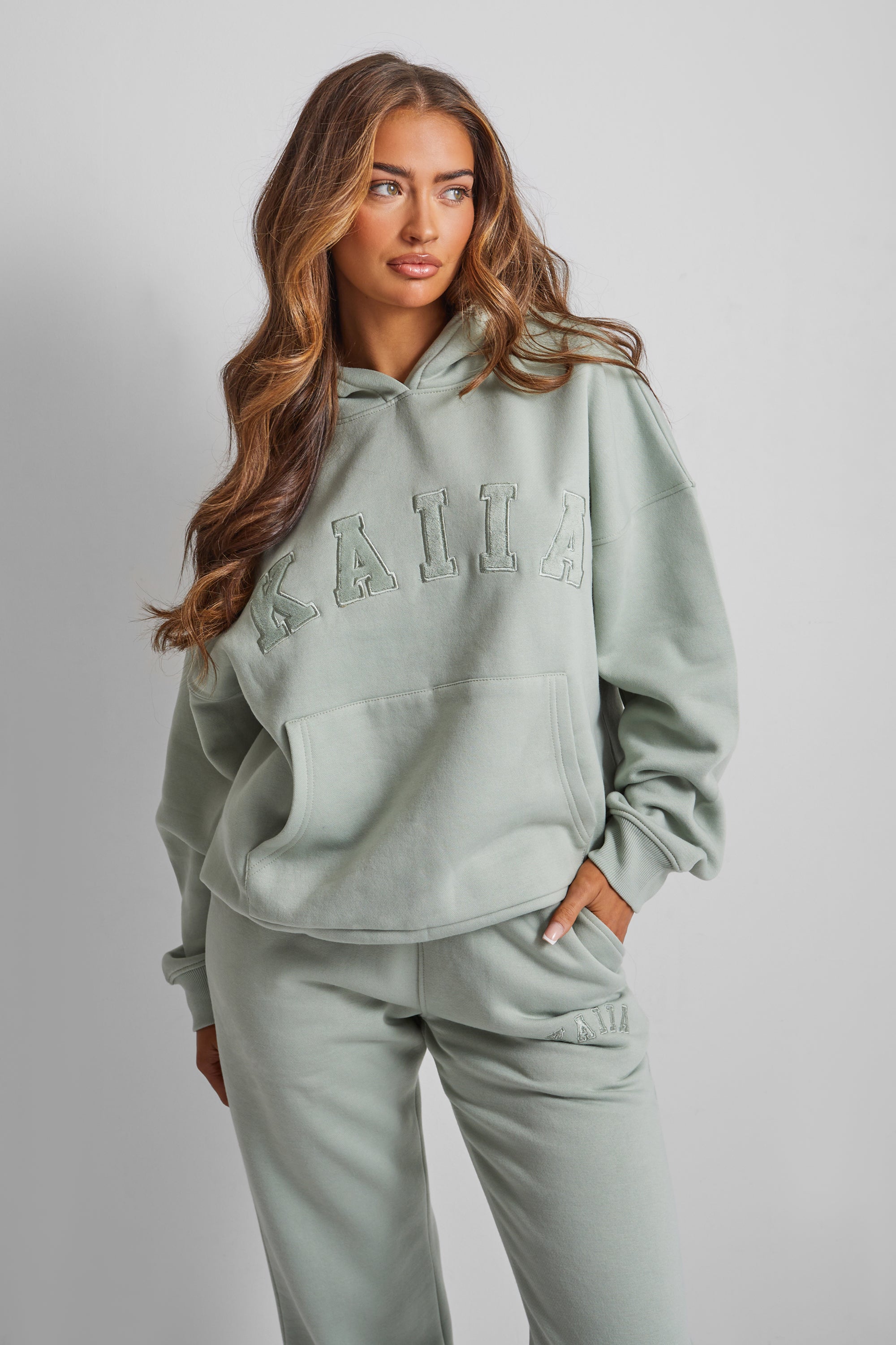 Kaiia Slogan Oversized Hoodie Sage Green