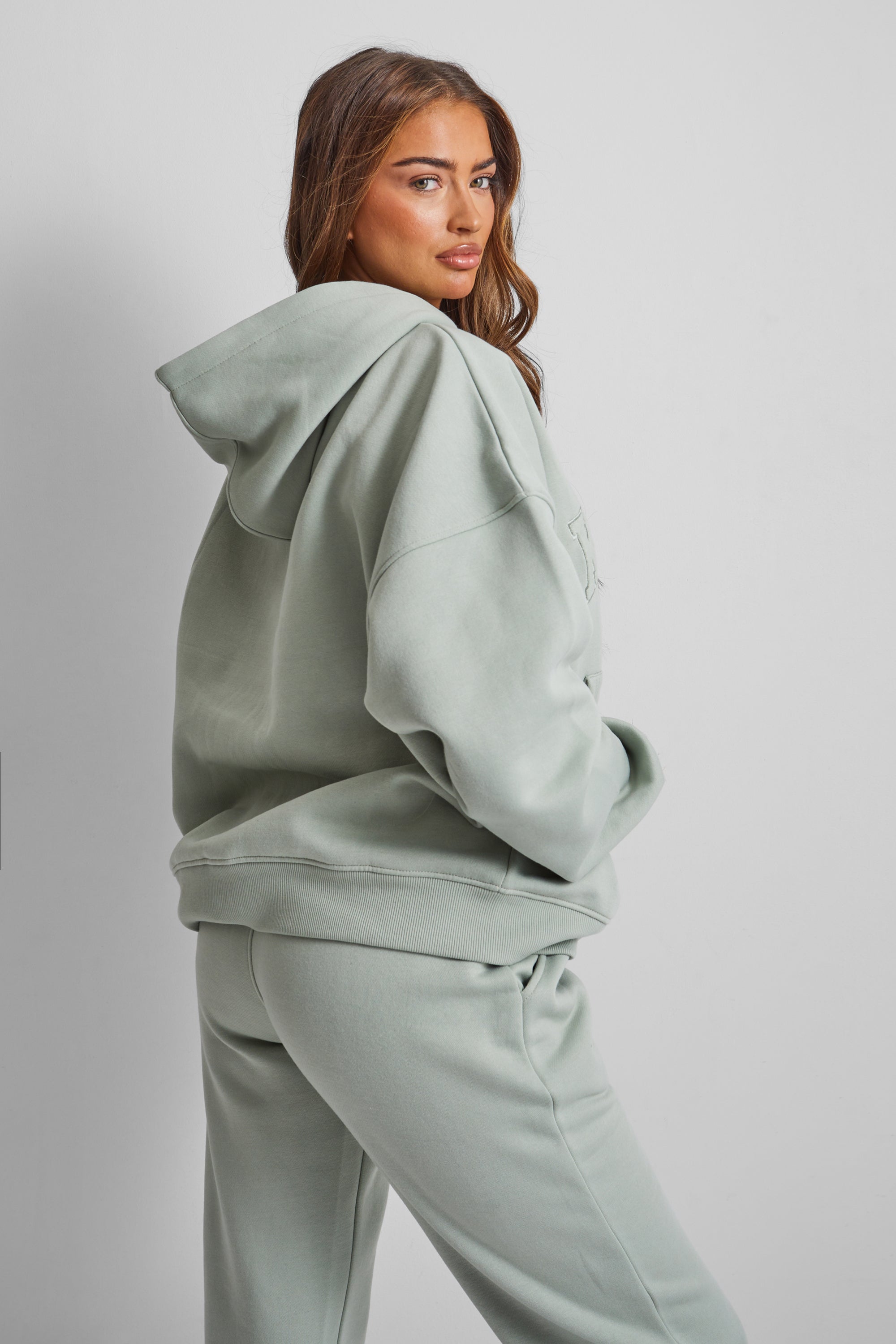 Kaiia Slogan Oversized Hoodie Sage Green