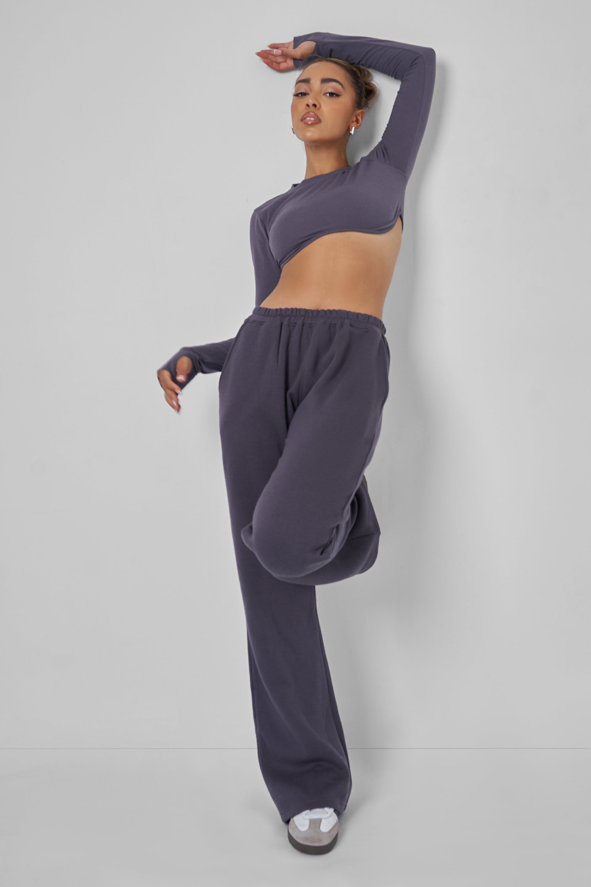 Long Sleeve Underbust Crop Top Dark Grey