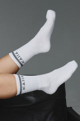 One Pair Kaiia Logo Sport Stripe Longline Socks White & Grey