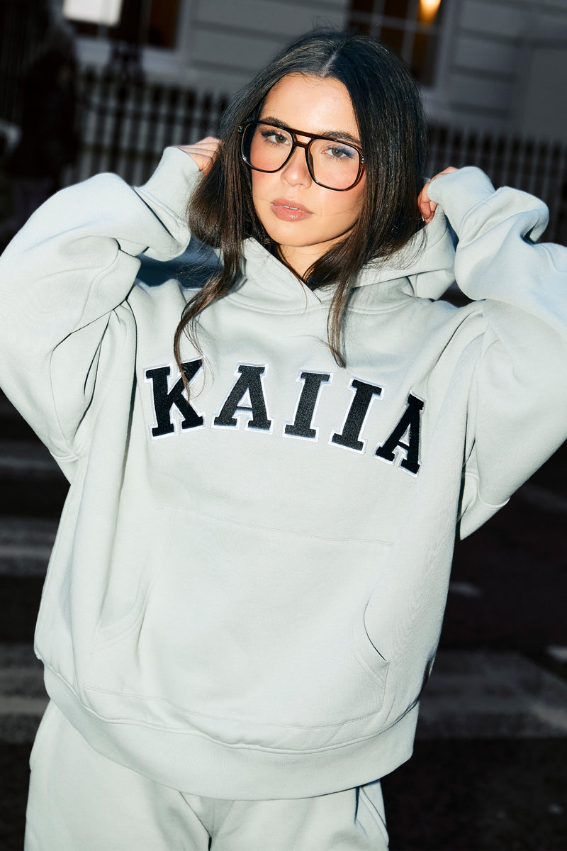 Kaiia Slogan Oversized Hoodie Pebble