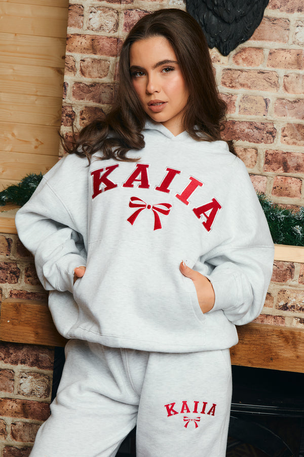 Kaiia Bow Embroidered Oversized Hoodie Light Grey Marl & Red