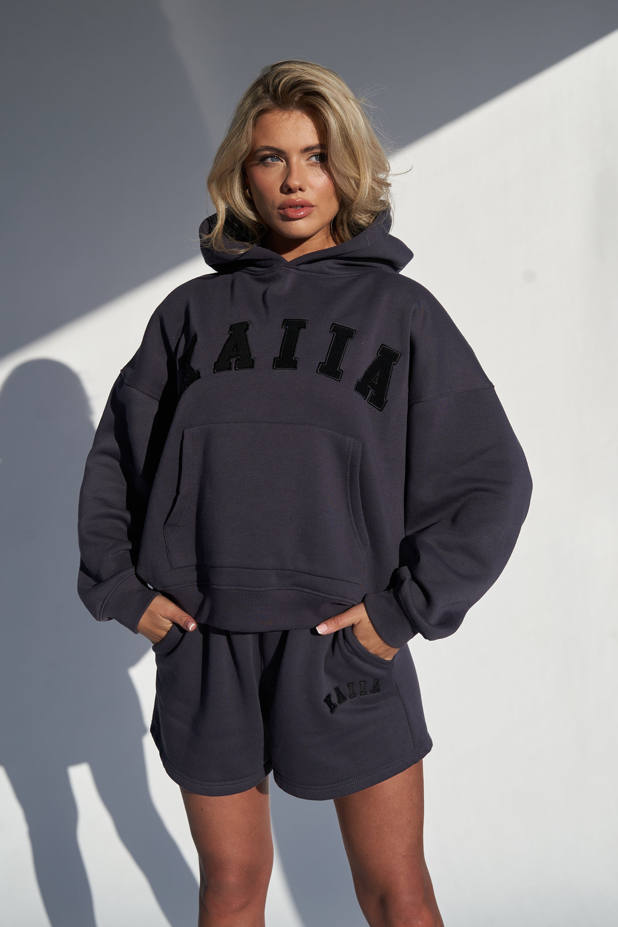 Kaiia Slogan Oversized Hoodie Dark Grey