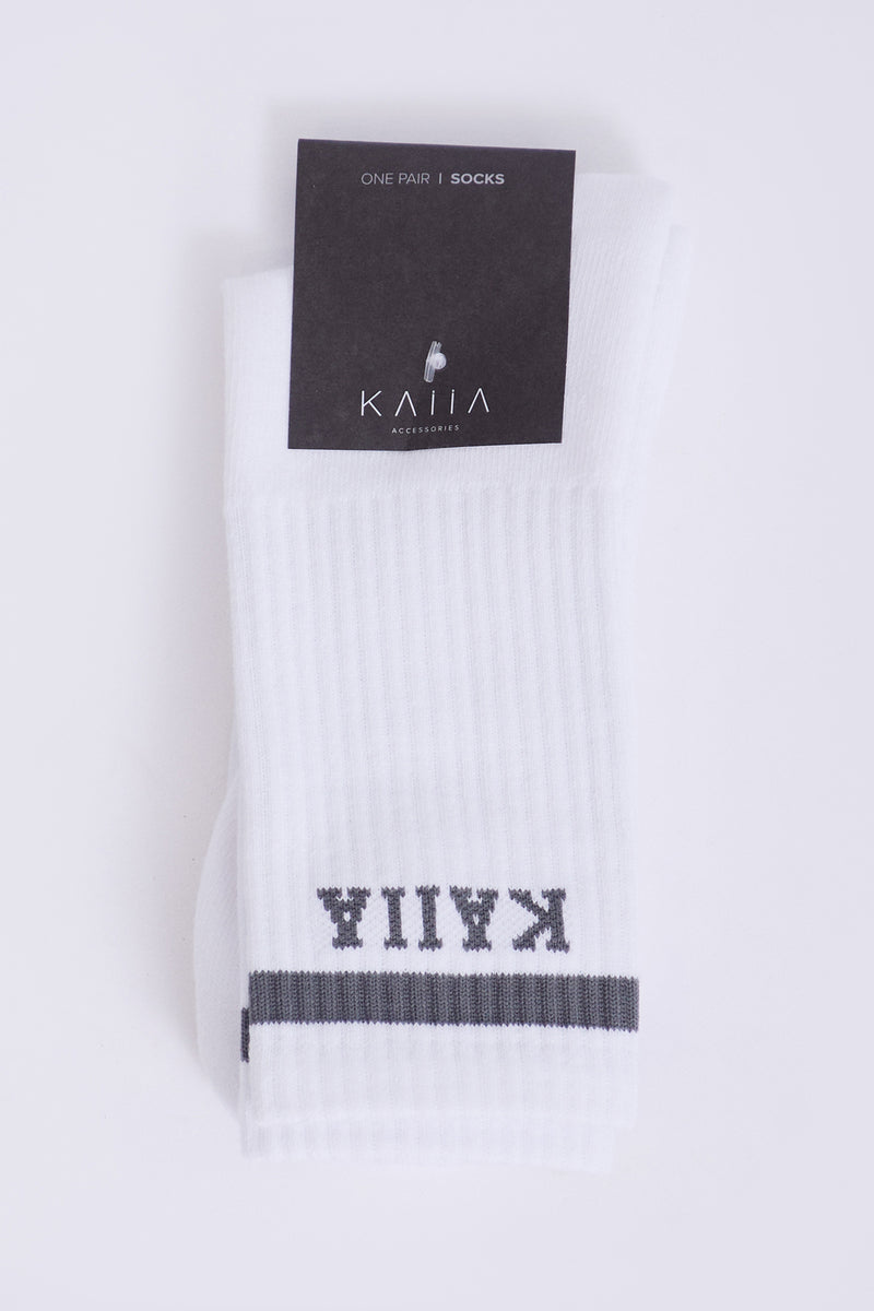 One Pair Kaiia Logo Sport Stripe Longline Socks White & Grey