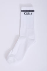 One Pair Kaiia Logo Sport Stripe Longline Socks White & Grey