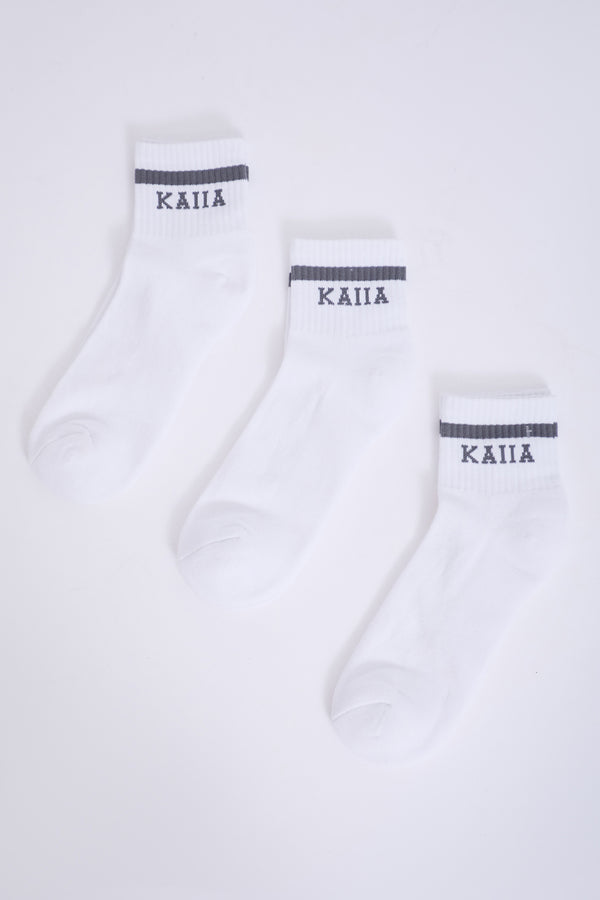 Pack of Three Kaiia Logo Sports Stripe Socks White & Grey