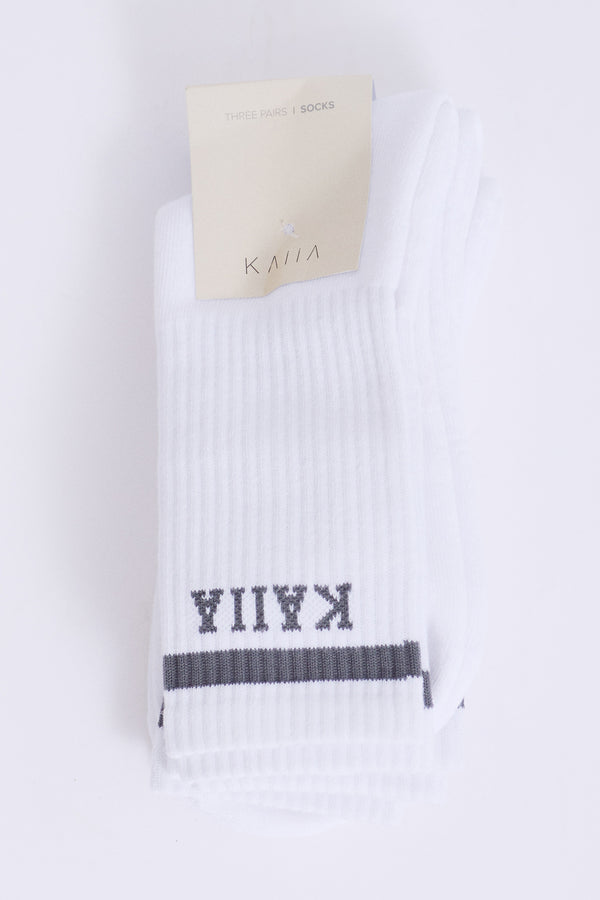 Pack of Three Kaiia Logo Sport Stripe Longline Socks White & Grey