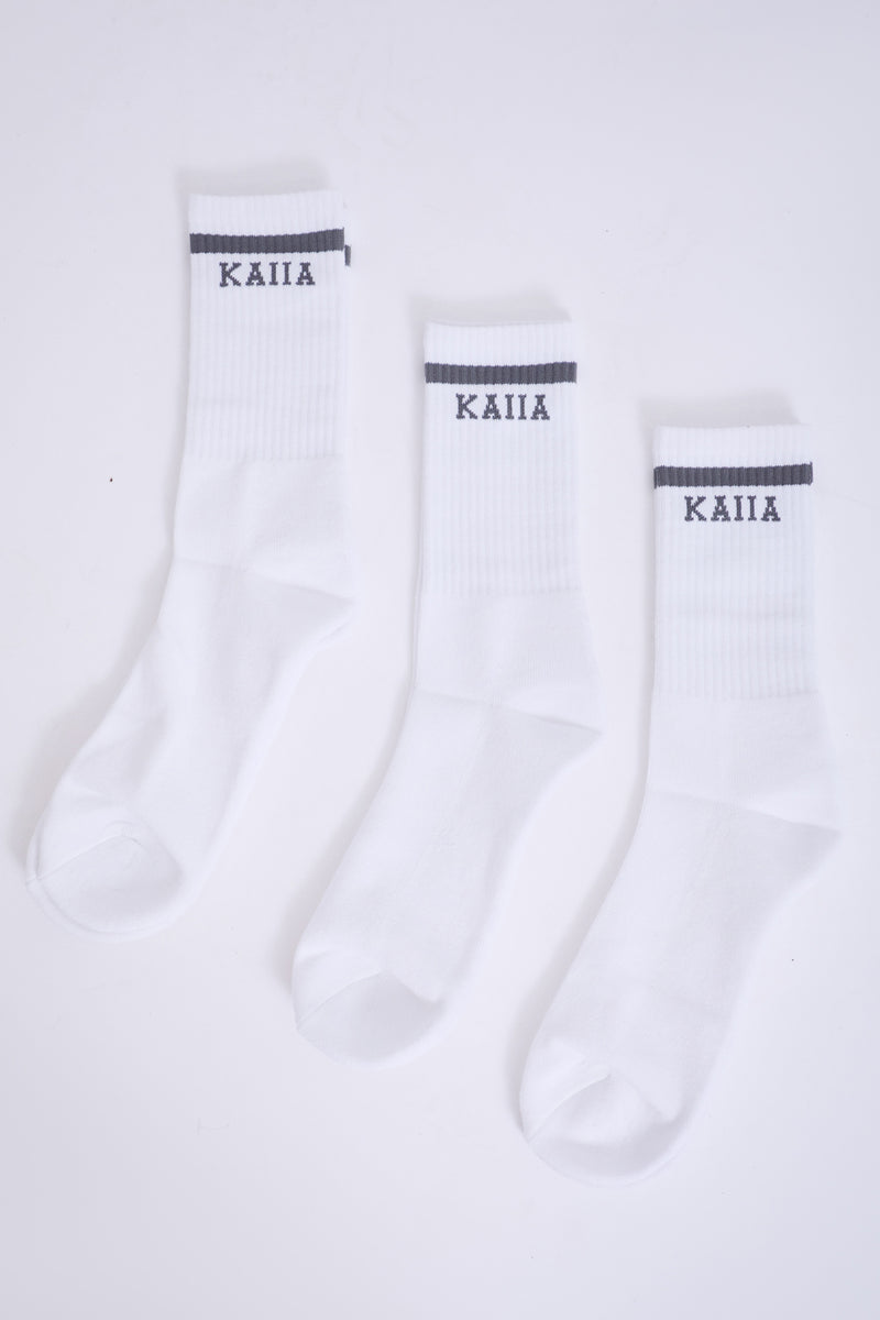 Pack of Three Kaiia Logo Sport Stripe Longline Socks White & Grey