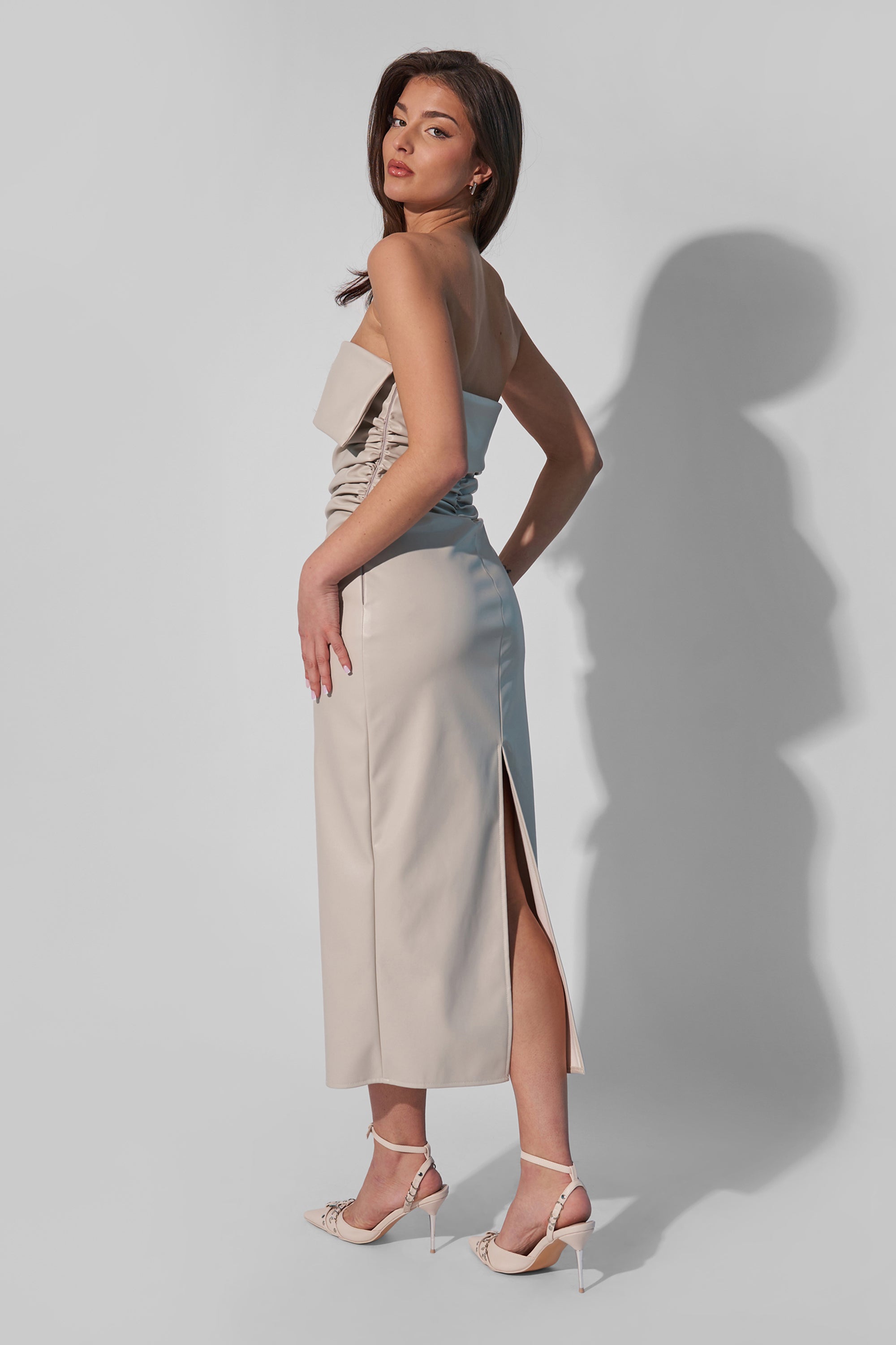 Kaiia Leather Look Ruched Bandeau Midaxi Dress in Ecru