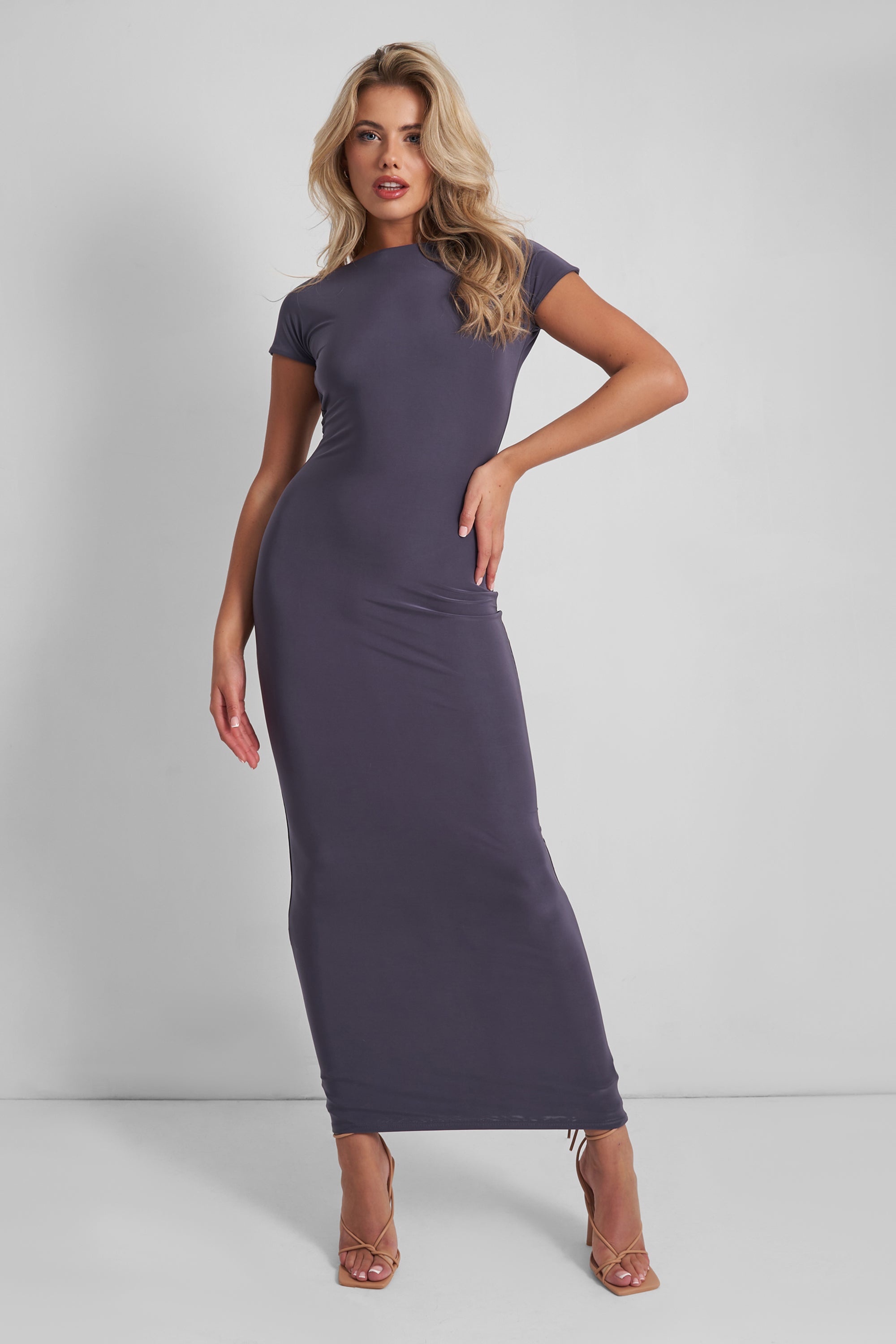 Kaiia Slinky Low Back Maxi Dress Charcoal