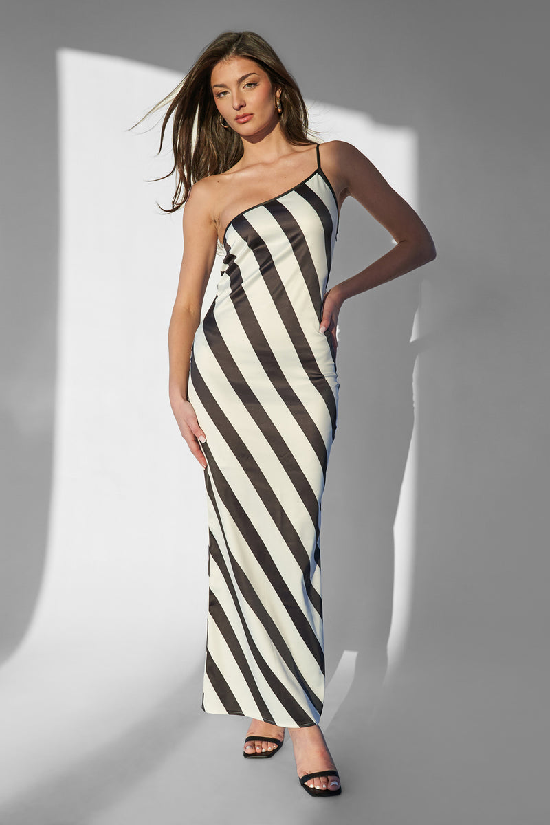 Kaiia One Shoulder Maxi Dress Monochrome Stripe