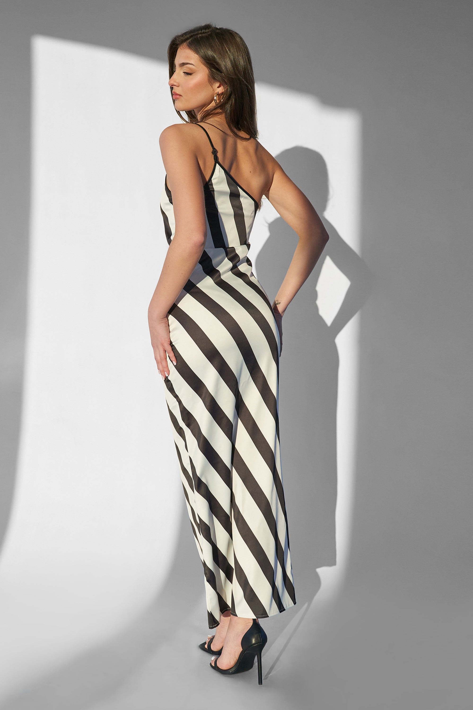 Kaiia One Shoulder Maxi Dress Monochrome Stripe