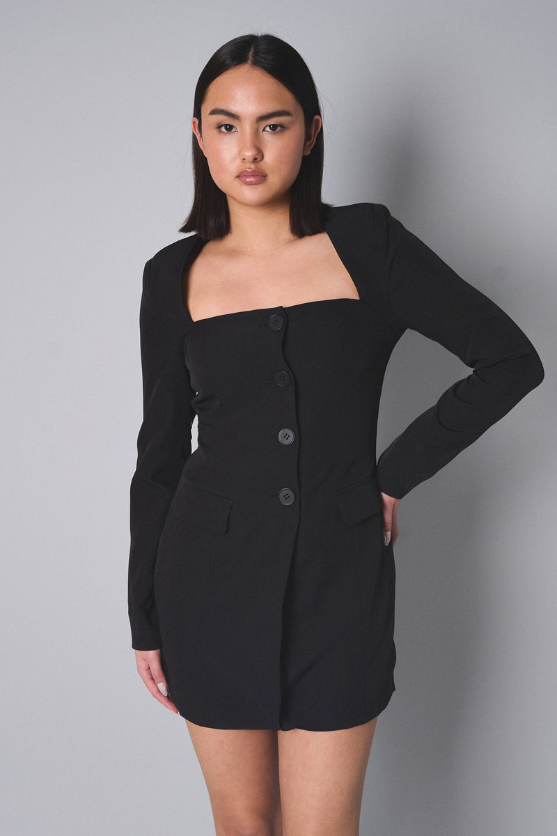 Kaiia Square Neck Long Sleeve Tailored Dress Black