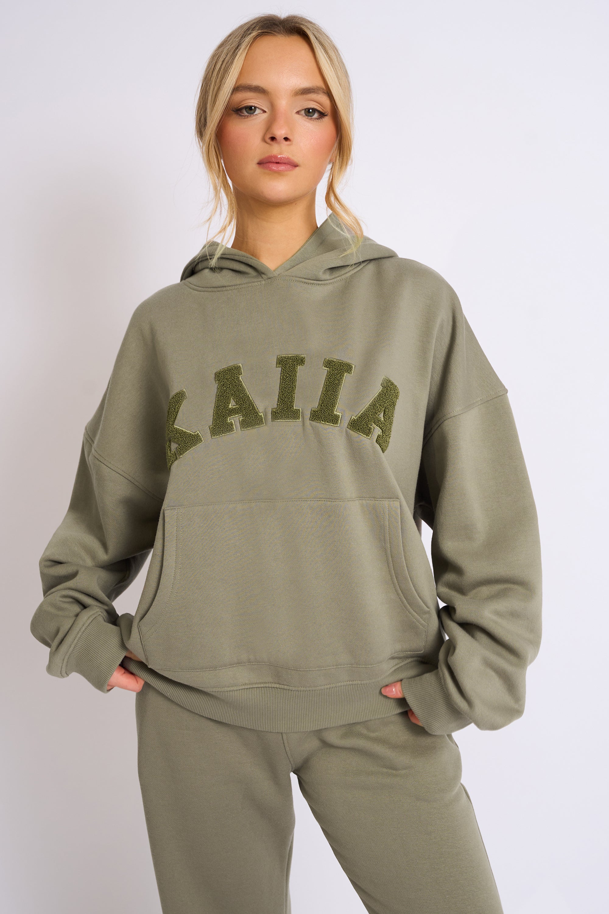 Kaiia Slogan Oversized Hoodie Khaki