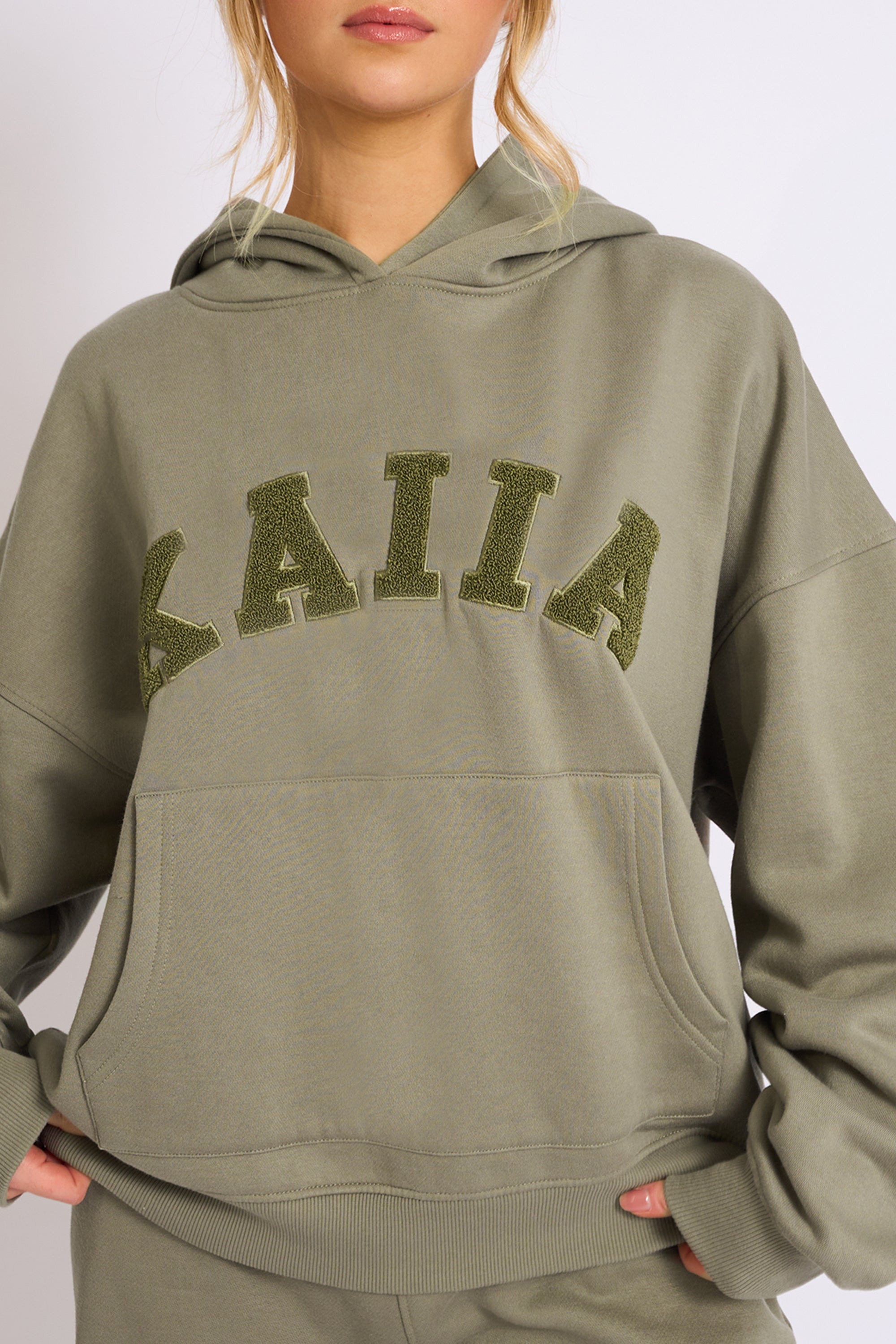 Kaiia Slogan Oversized Hoodie Khaki