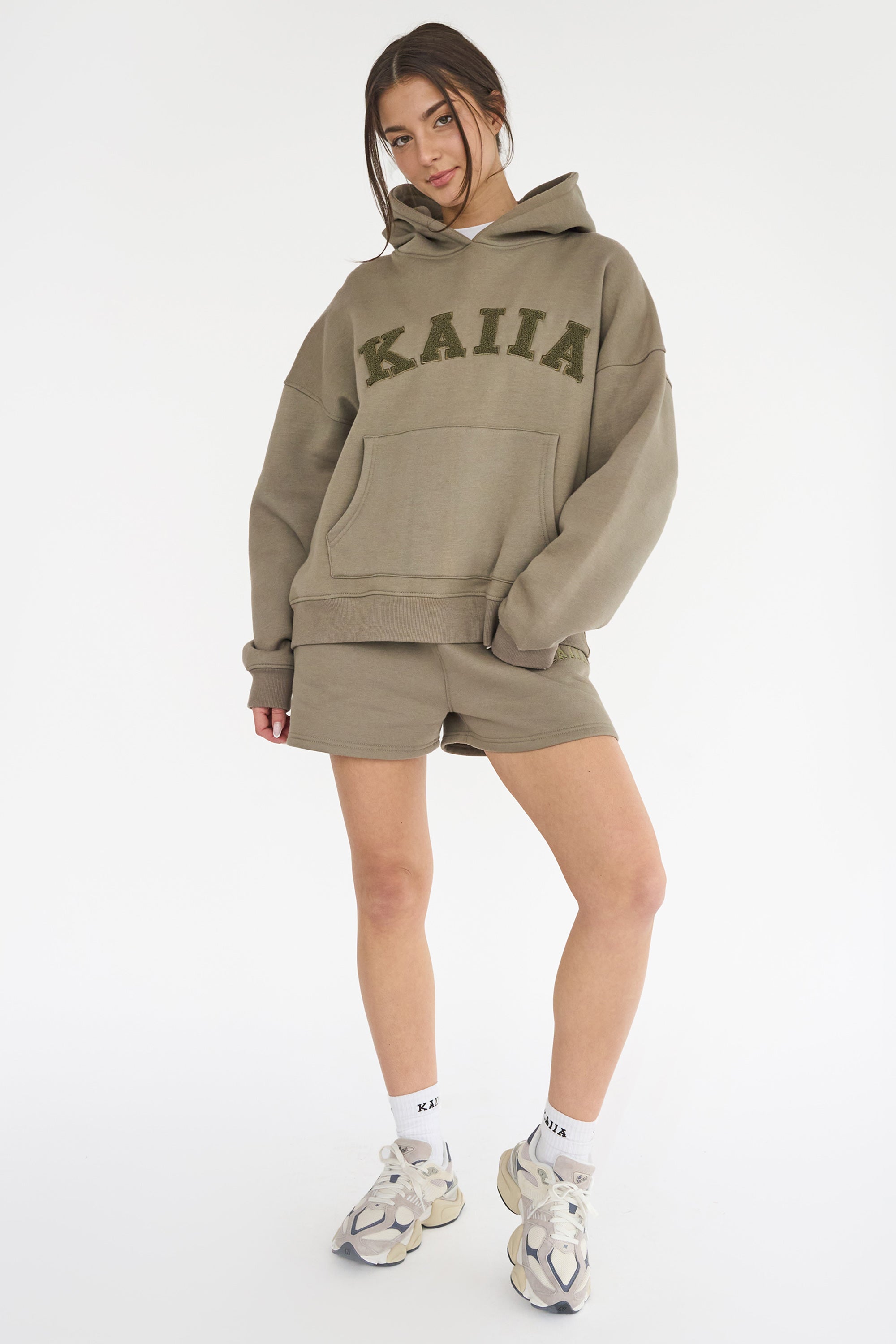 Kaiia Slogan Oversized Hoodie Khaki