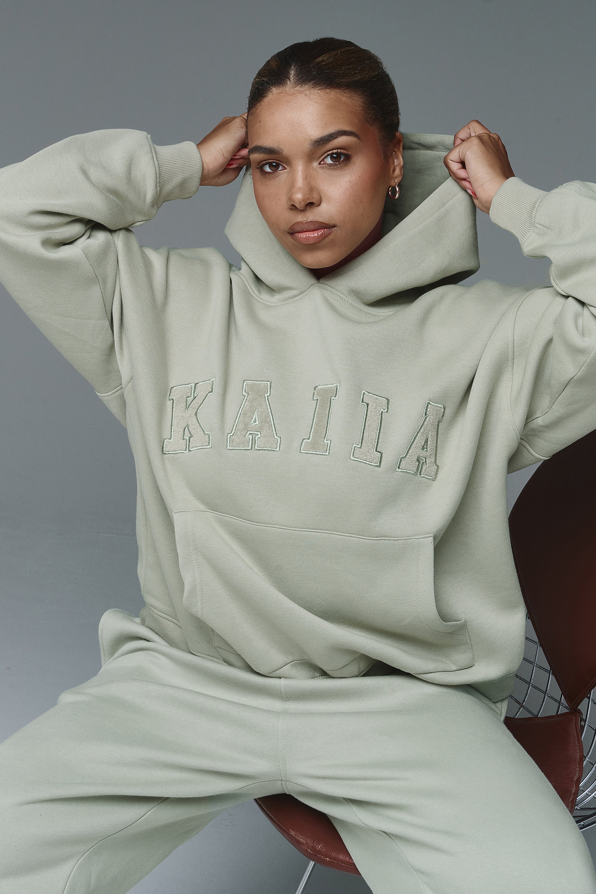 Kaiia Slogan Oversized Hoodie Sage Green