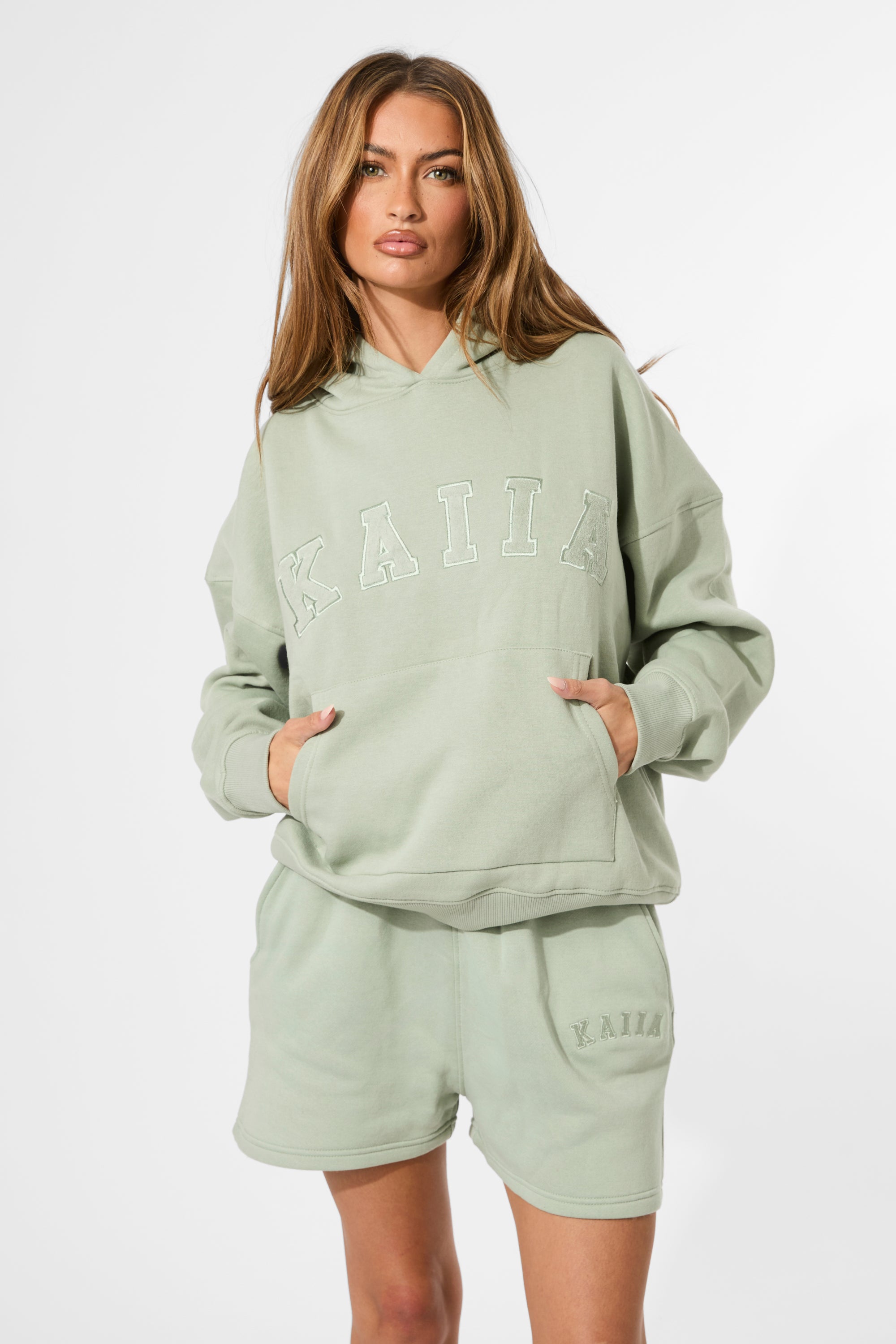 Kaiia Slogan Oversized Hoodie Sage Green