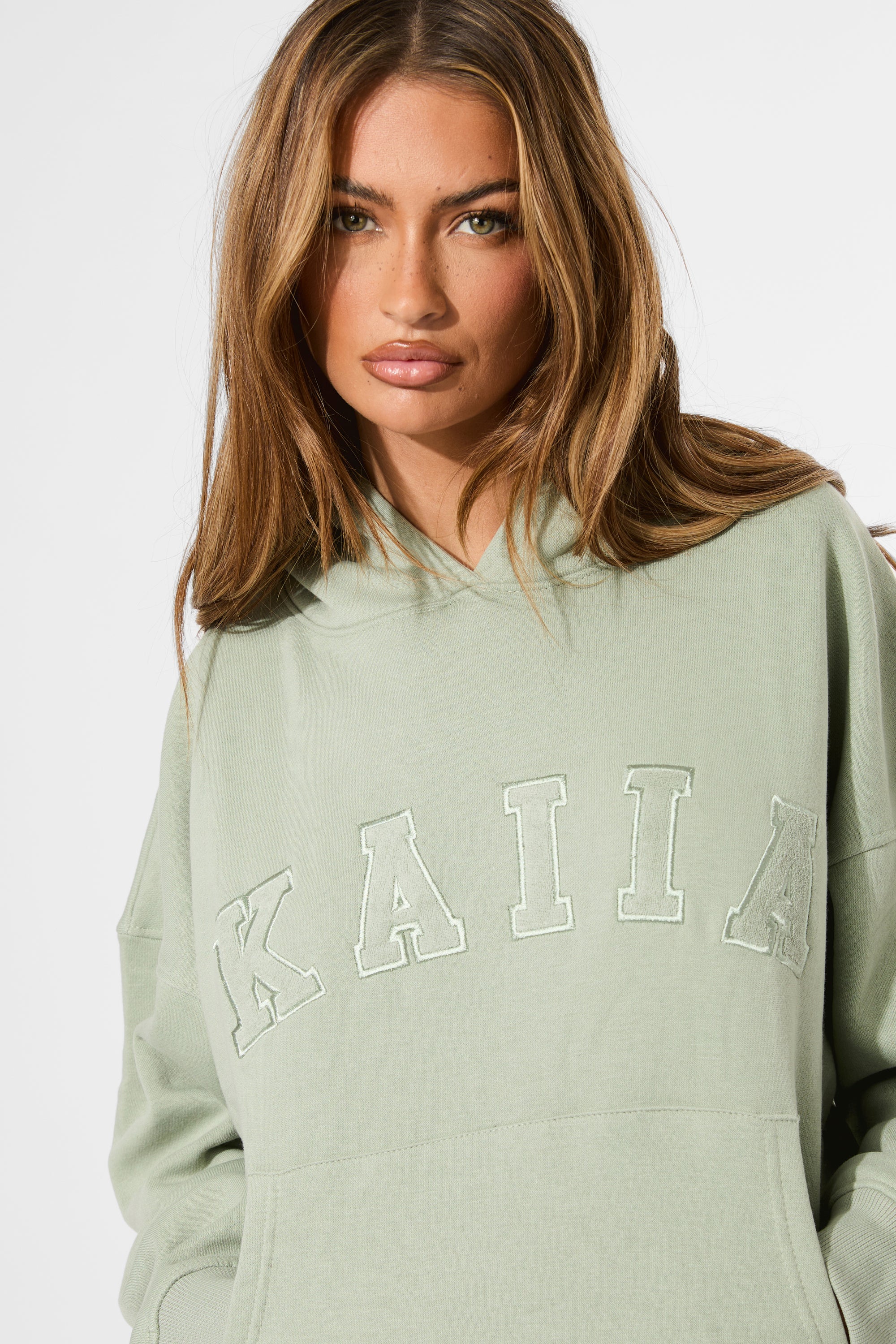 Kaiia Slogan Oversized Hoodie Sage Green