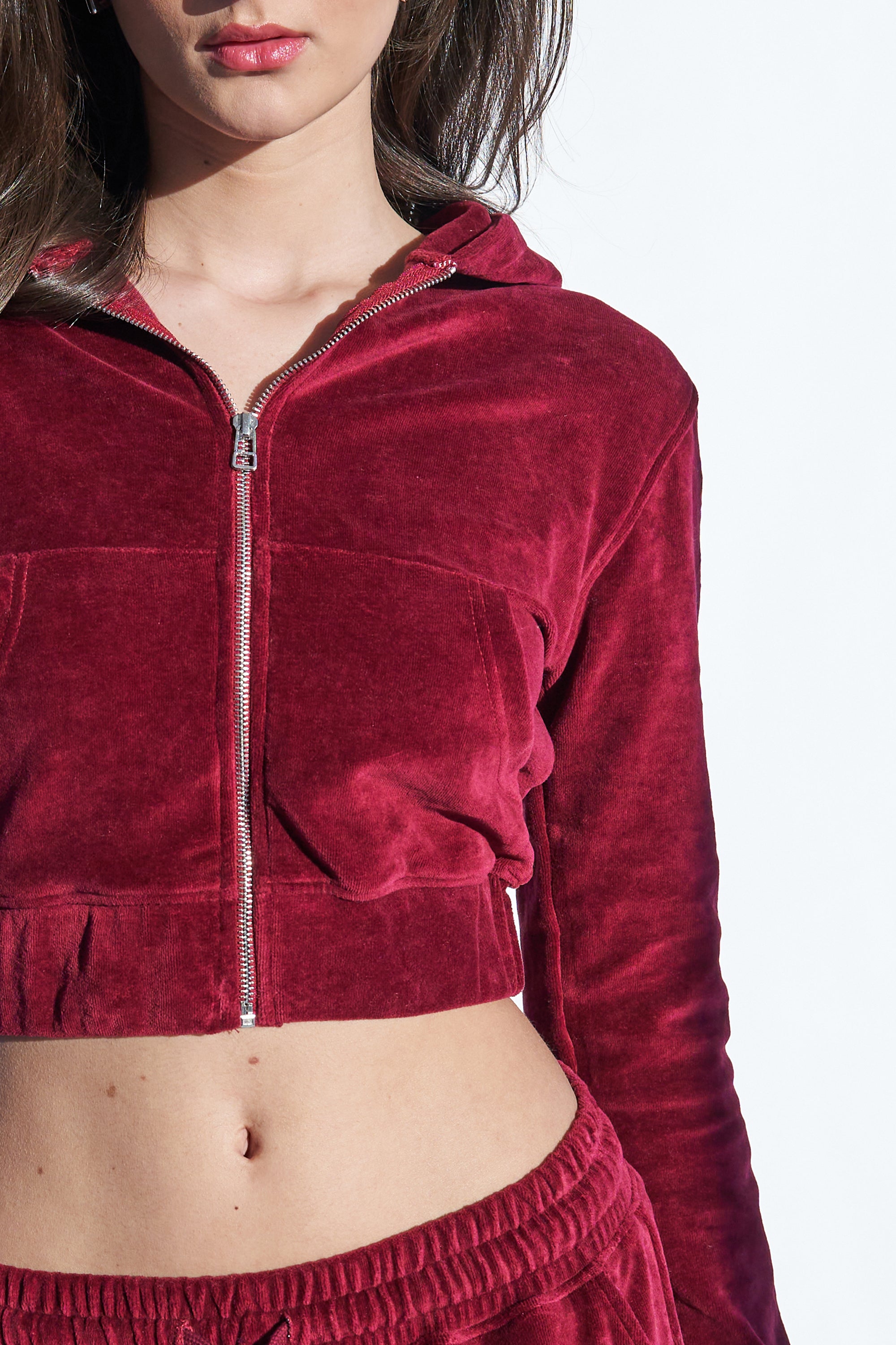 Velour Slim Fit Zip Through Cropped Hoodie Cherry Red