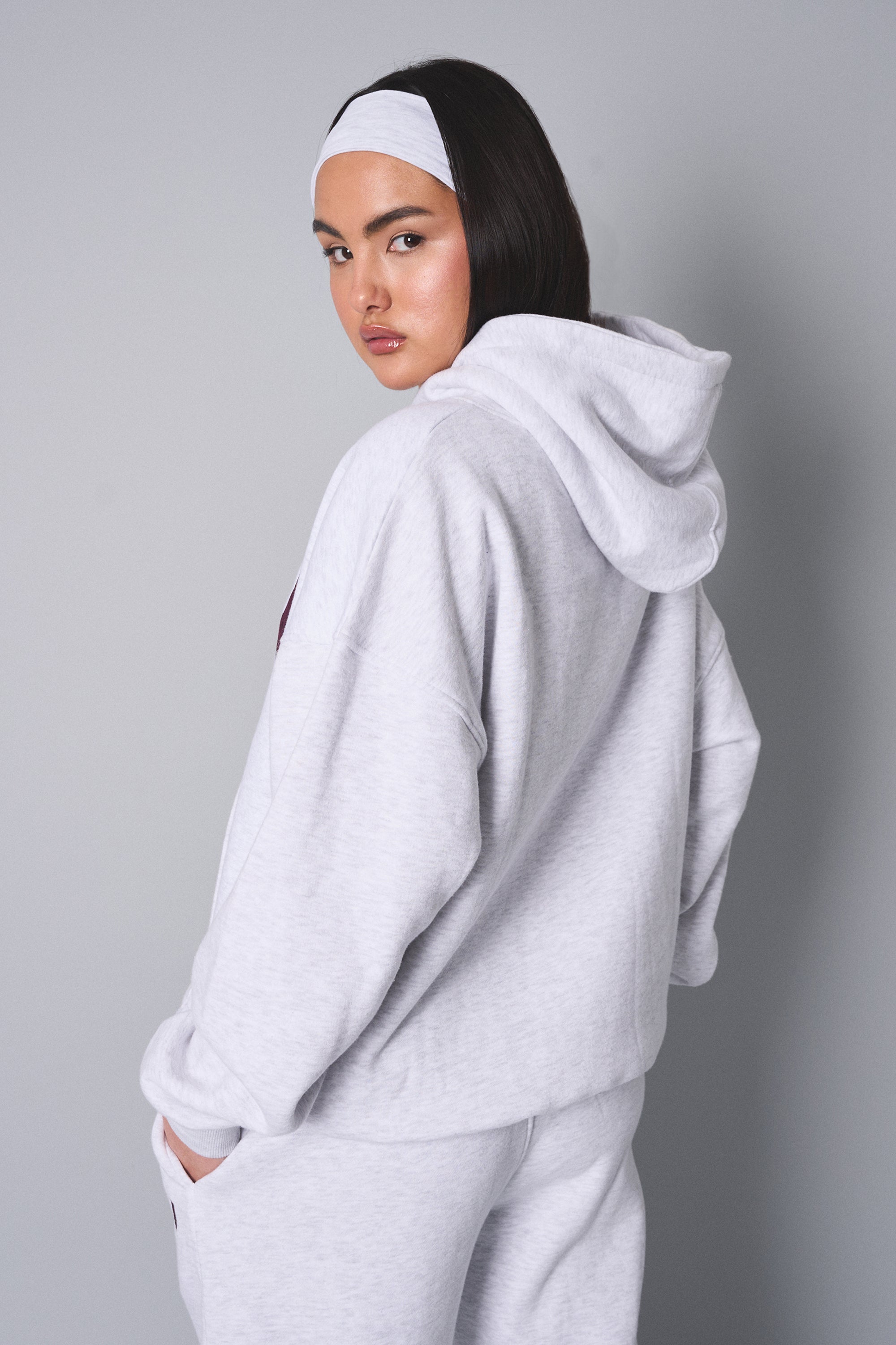 Kaiia Slogan Oversized Hoodie Light Grey Marl With Burgundy