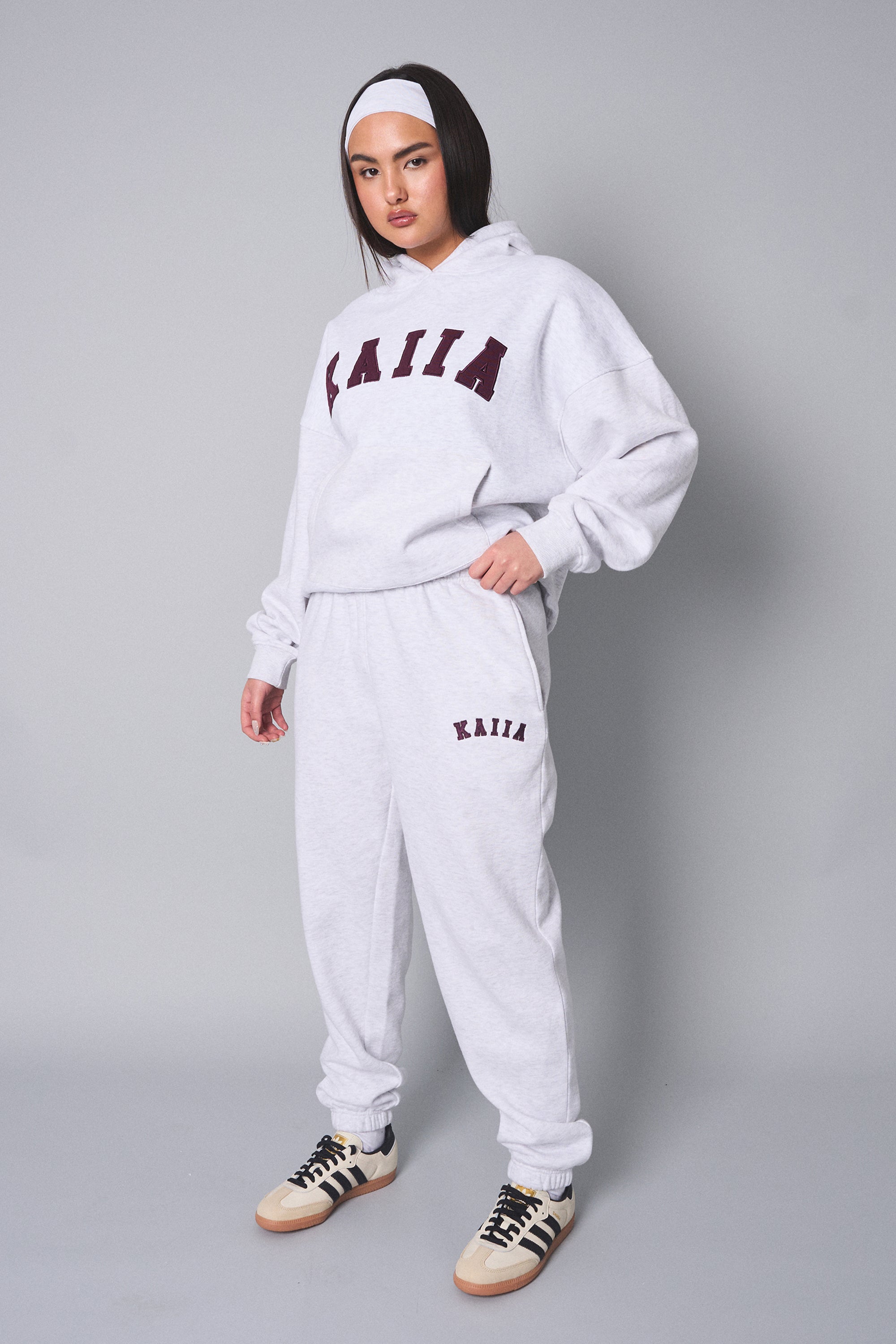 Kaiia Slogan Oversized Hoodie Light Grey Marl With Burgundy