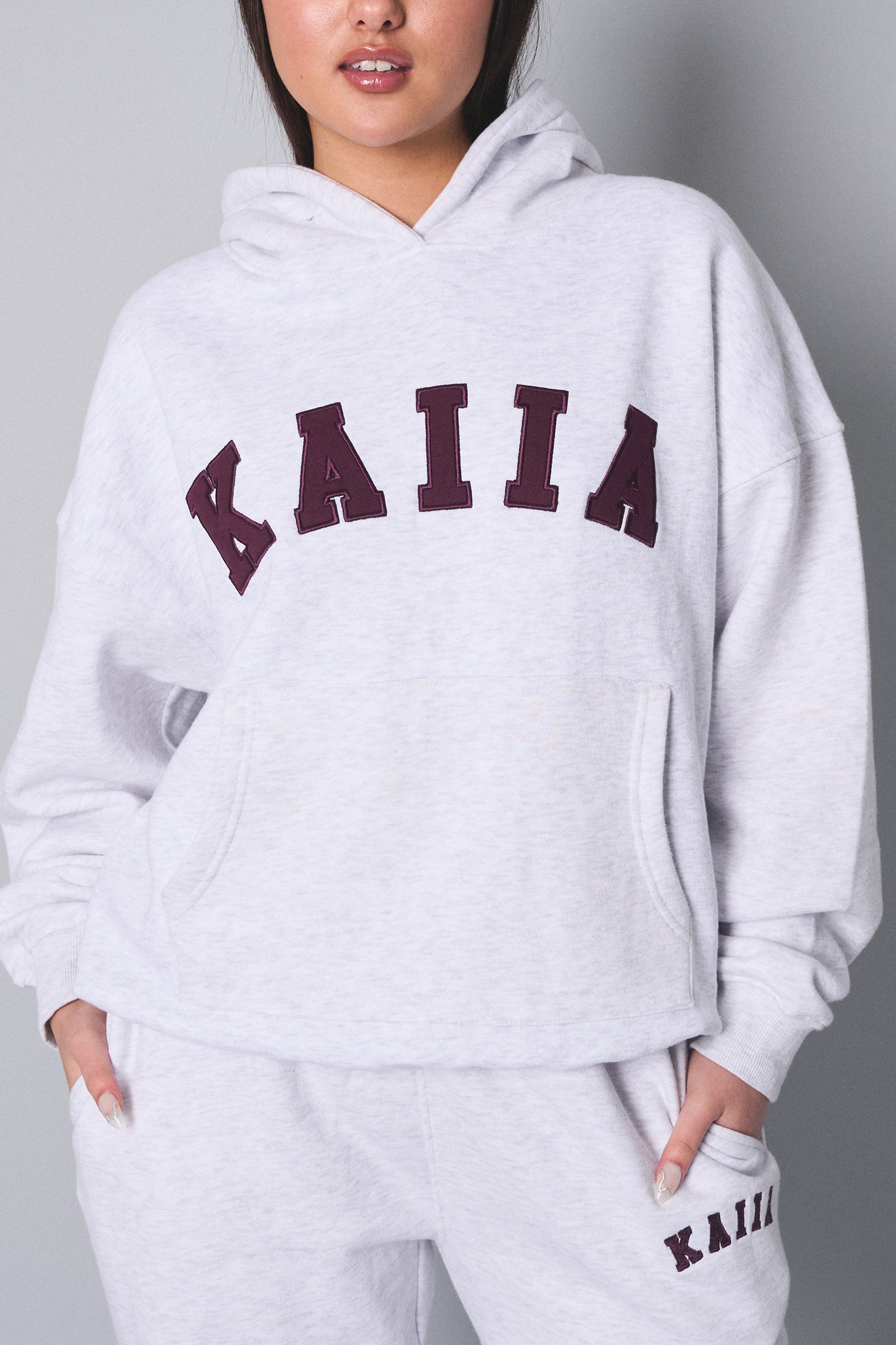 Kaiia Slogan Oversized Hoodie Light Grey Marl With Burgundy