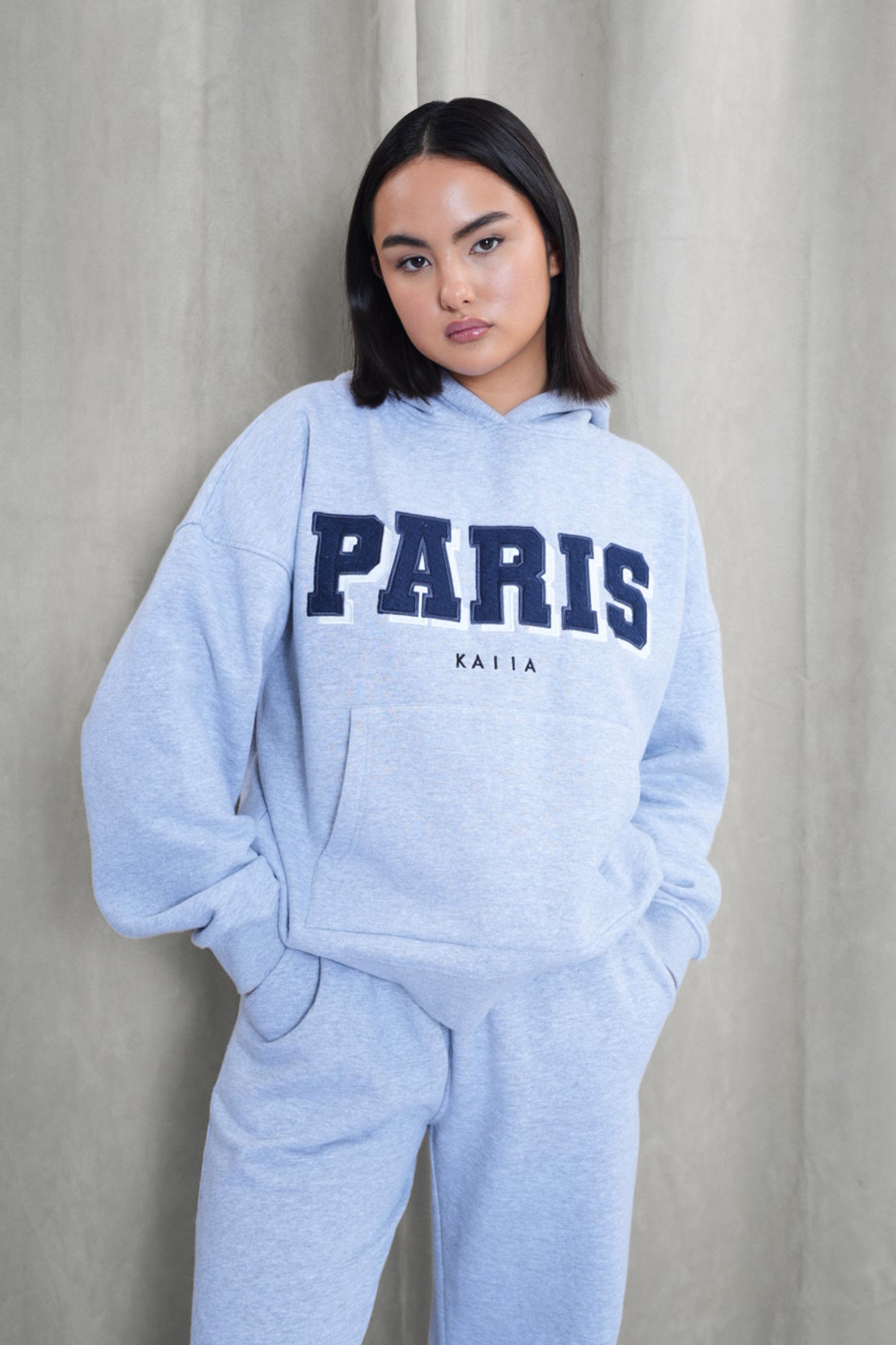 Kaiia Paris Shadow Logo Oversized Hoodie Grey Marl