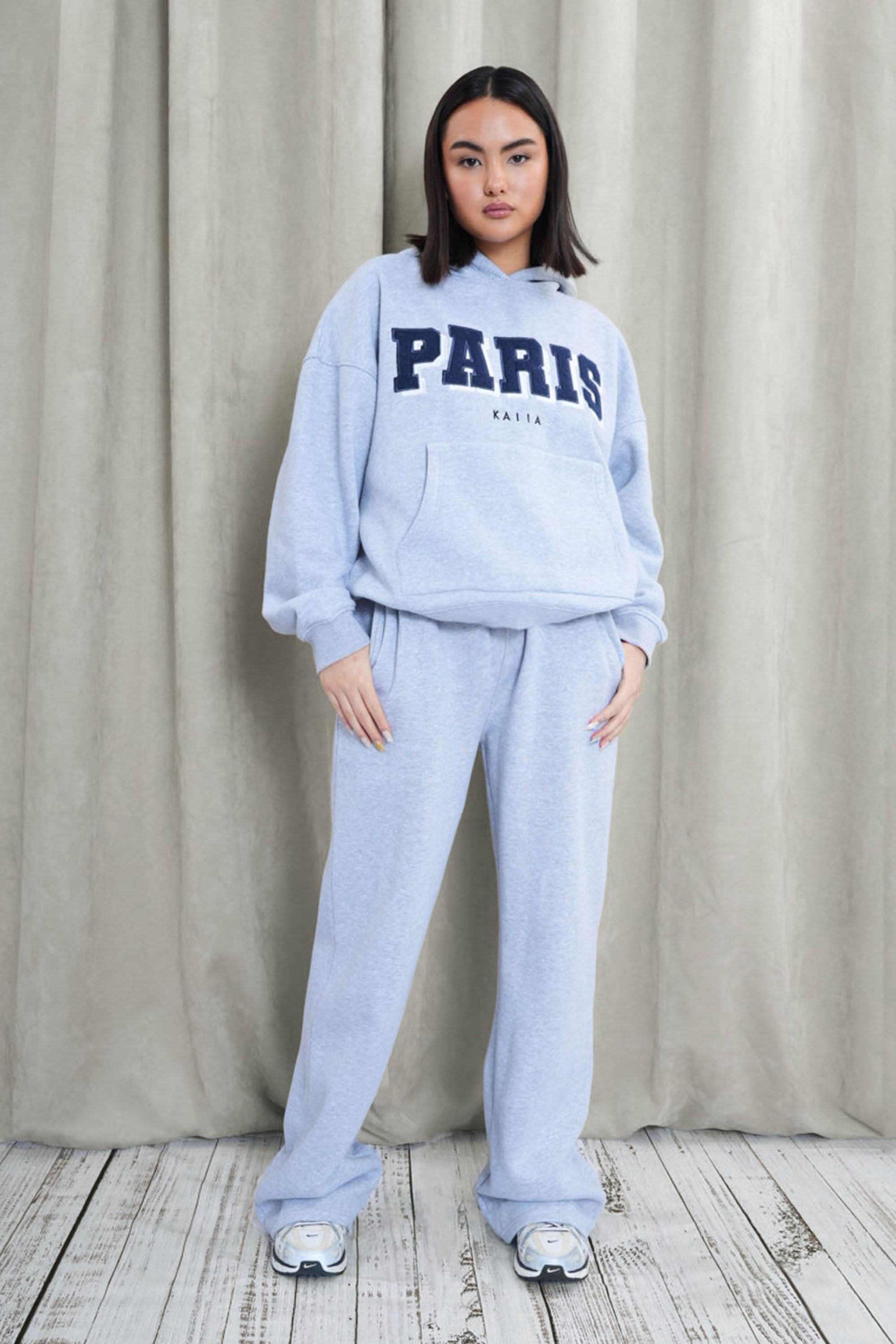 Kaiia Paris Shadow Logo Oversized Hoodie Grey Marl